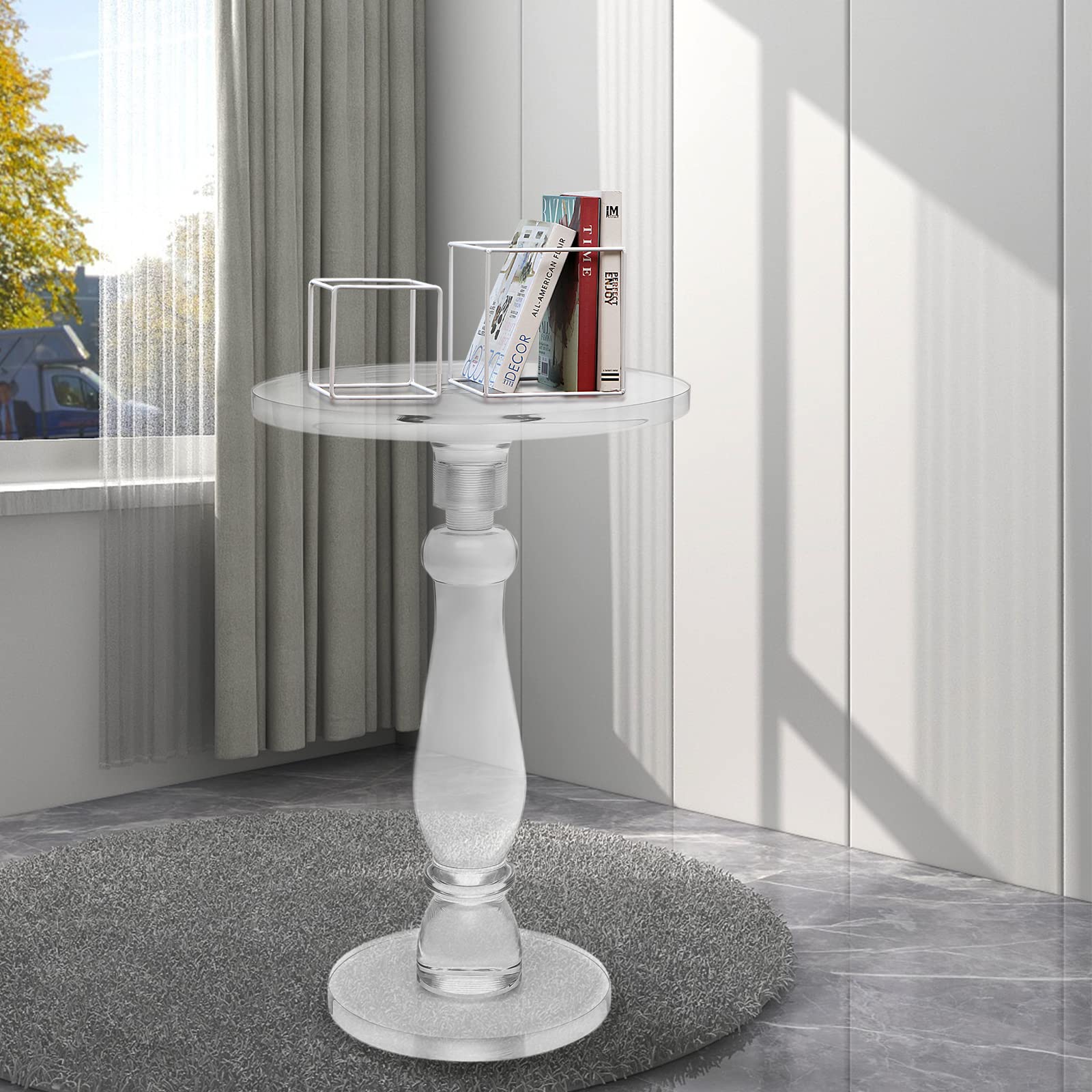 DNYSYSJ Clear Acrylic Coffee Table - Modern Round Side Table with Sturdy Solid Post, 165Lbs Capacity - Perfect for Living Room, Bedroom & Lobby - Ideal for Coffee, Books & Decor Display
