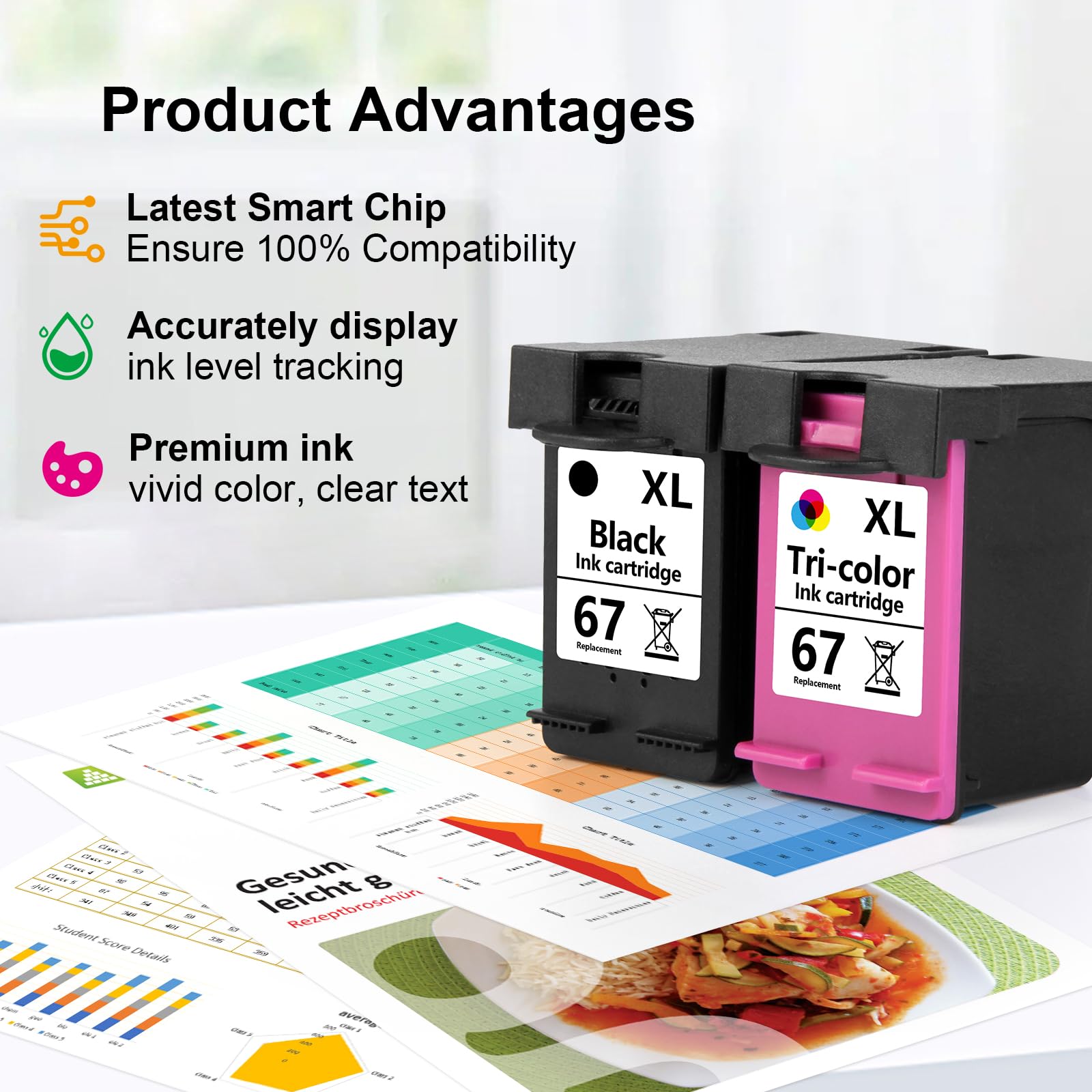 High Yield 67XL Ink Cartridges Combo Pack - Replacement for HP 67 Ink - Compatible with HP DeskJet 1255, 2732, 2752, 4140, 4152 Series Printers (1 Black, 1 Tri-Color) - Perfect for Home Office Printing, Documents & Photos