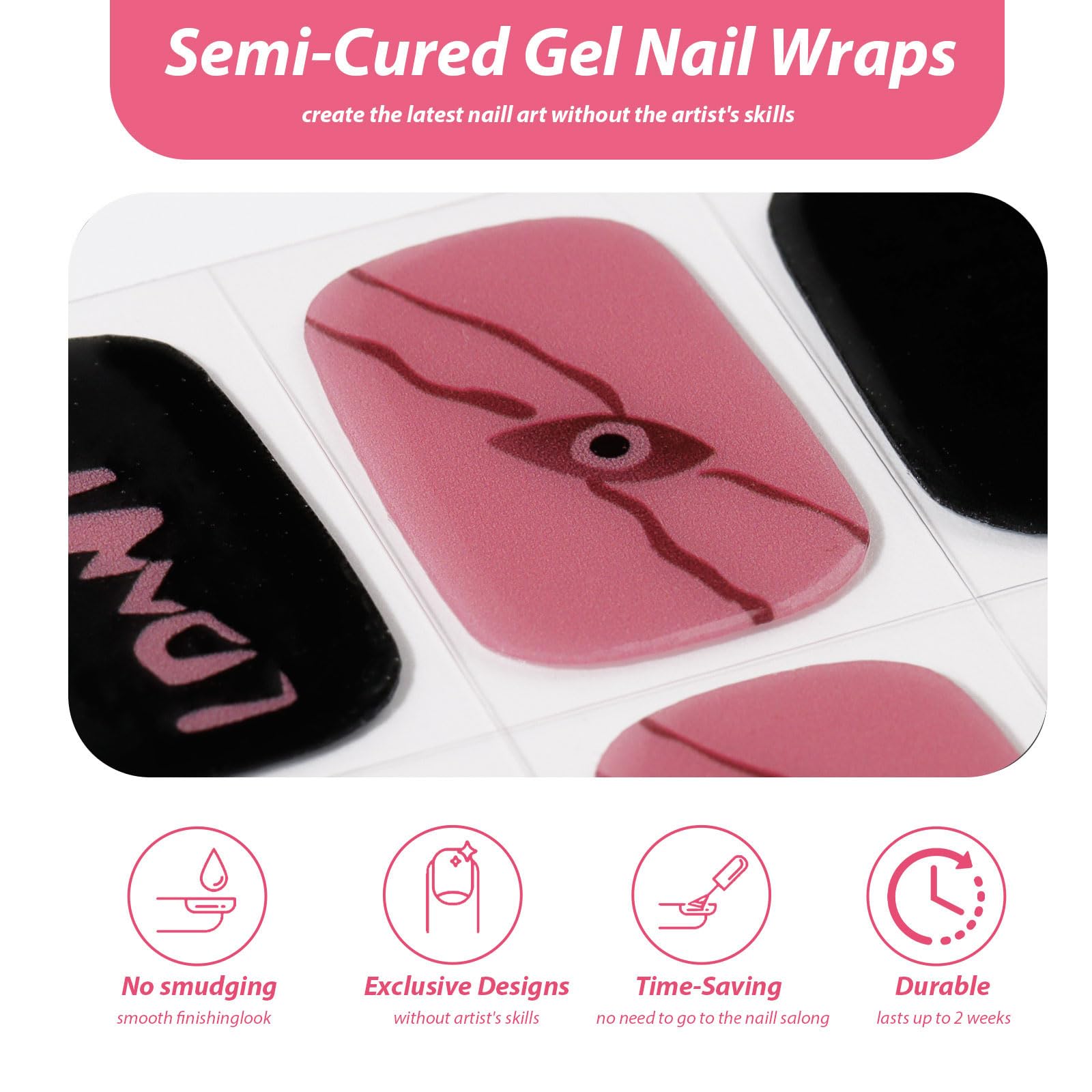 20pcs Halloween Semi Cured Gel Nail Strips - Black & Pink Nail Art Stickers, Full Nail Wraps for Women & Girls | Perfect for Halloween Parties, Costume Nails & DIY Manicures