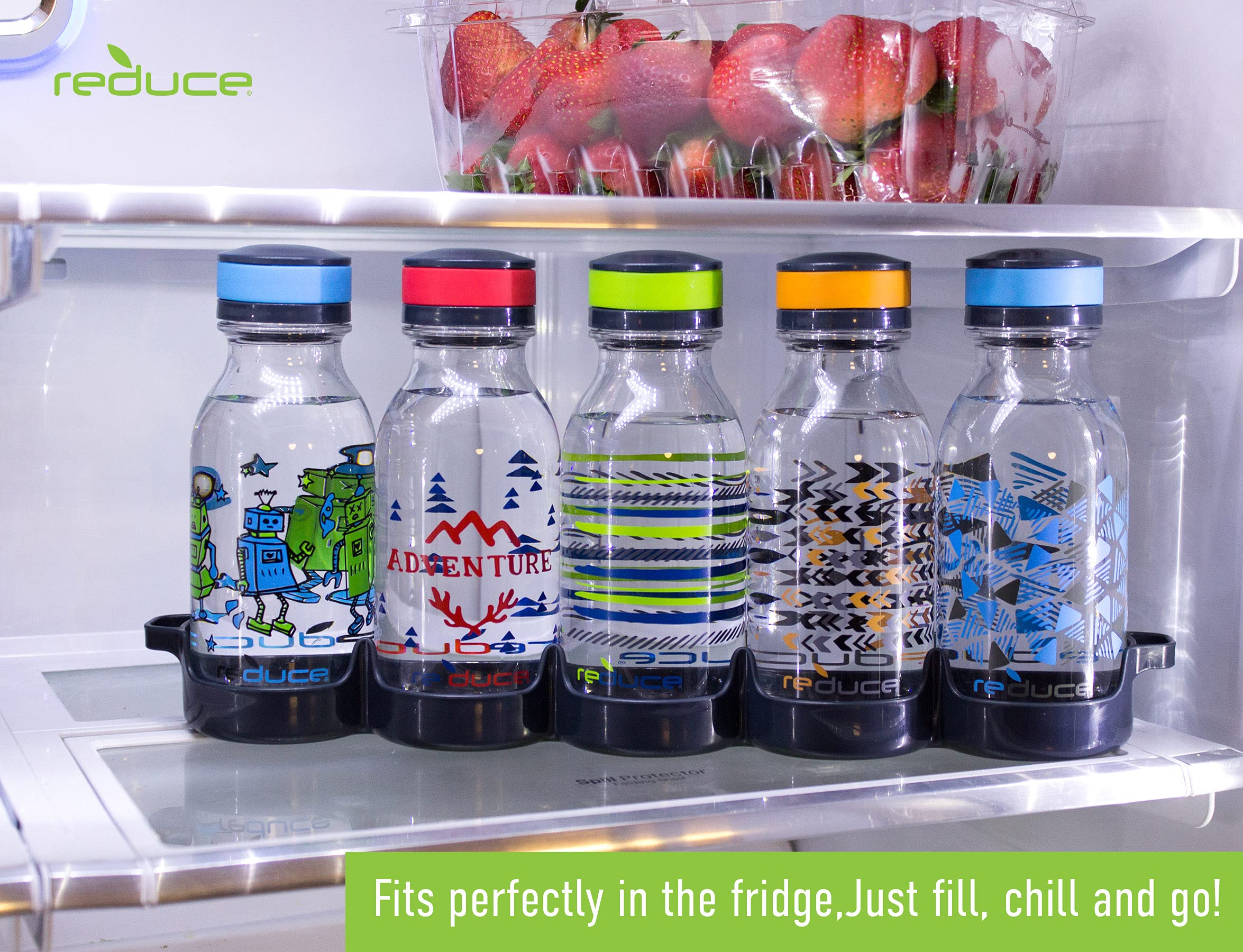 REDUCE WaterWeek 14 oz Refillable Tritan Plastic Water Bottles - 5 Pack Leak Proof BPA-Free Water Bottles with Fridge Storage Tray - Perfect for School, Gym, Office, Travel & Home Use - Reusable Sports Drink Bottles for Kids & Adults