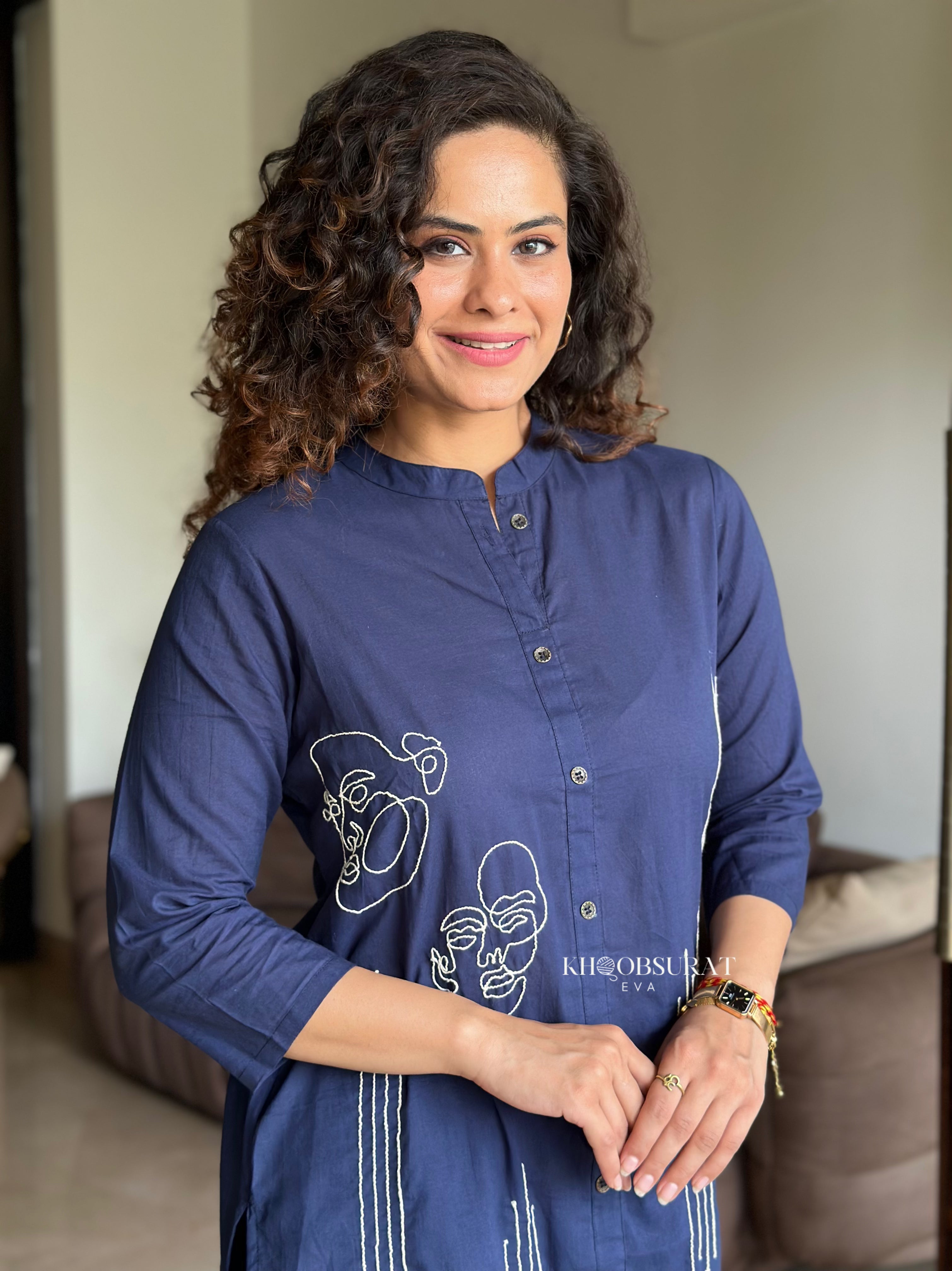 Stylish Blue Cotton Lovebird Kurta Set for Women - Comfortable & Trendy Indian Ethnic Wear for Festivals, Weddings & Casual Outings