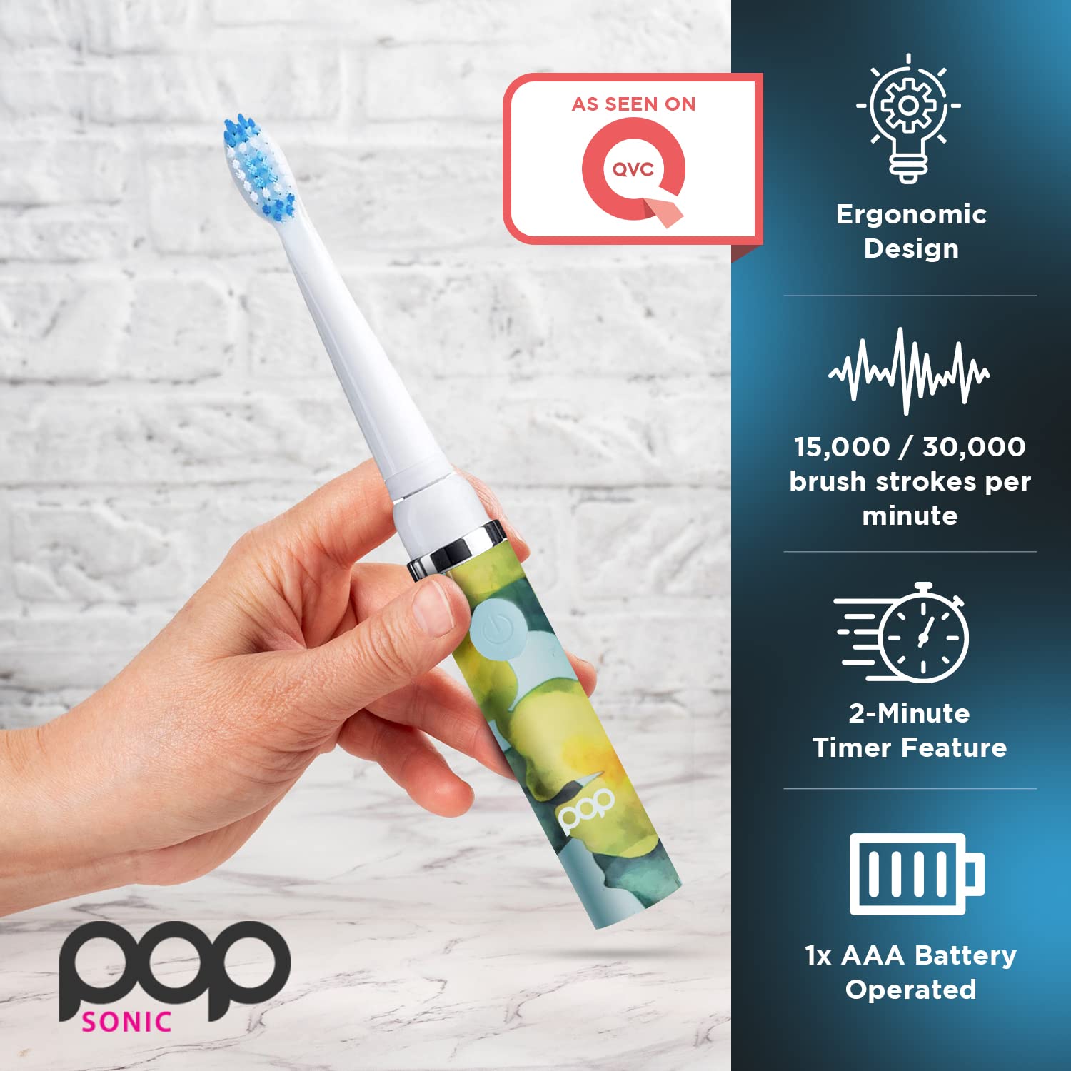Pop Sonic Electric Toothbrush for Kids & Travel - Blue Watercolor Design, 2 Speed Modes (15,000-30,000 Strokes/Min), Dupont Nylon Bristles, Battery Powered - Perfect for Home, School & Vacation Use