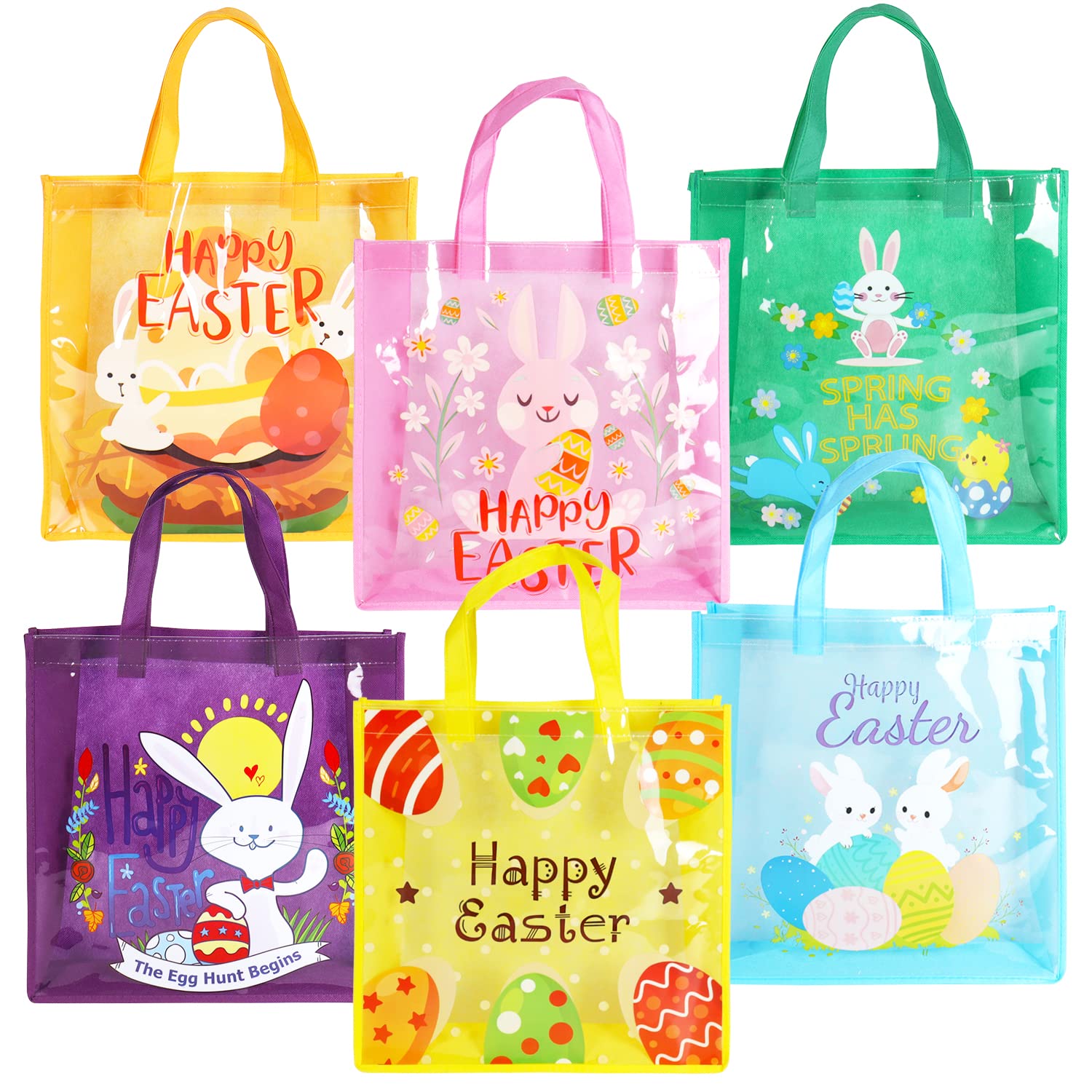 6PCS Easter Egg Hunt Bags - Bunny Carrot Chick Themed Treat Bags with Handles, 13