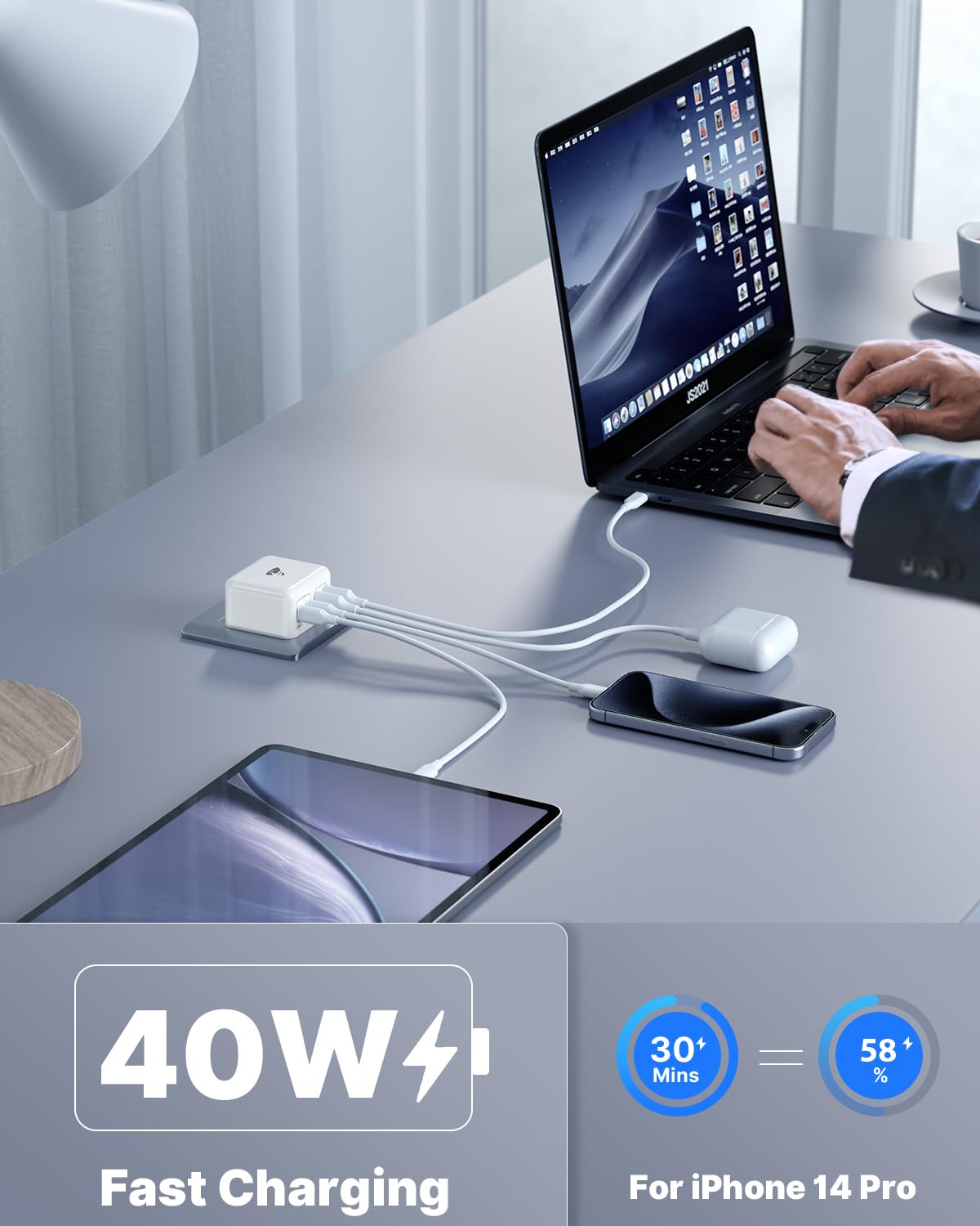 Aioneus 40W 4-Port USB C Fast Charger with Dual PD+QC - Wall Plug Power Adapter for iPhone 15 Pro Max/14/13/12/11/XS/XR/SE, iPad, Samsung Galaxy - Perfect for Home, Office & Travel Charging Multiple Devices Simultaneously