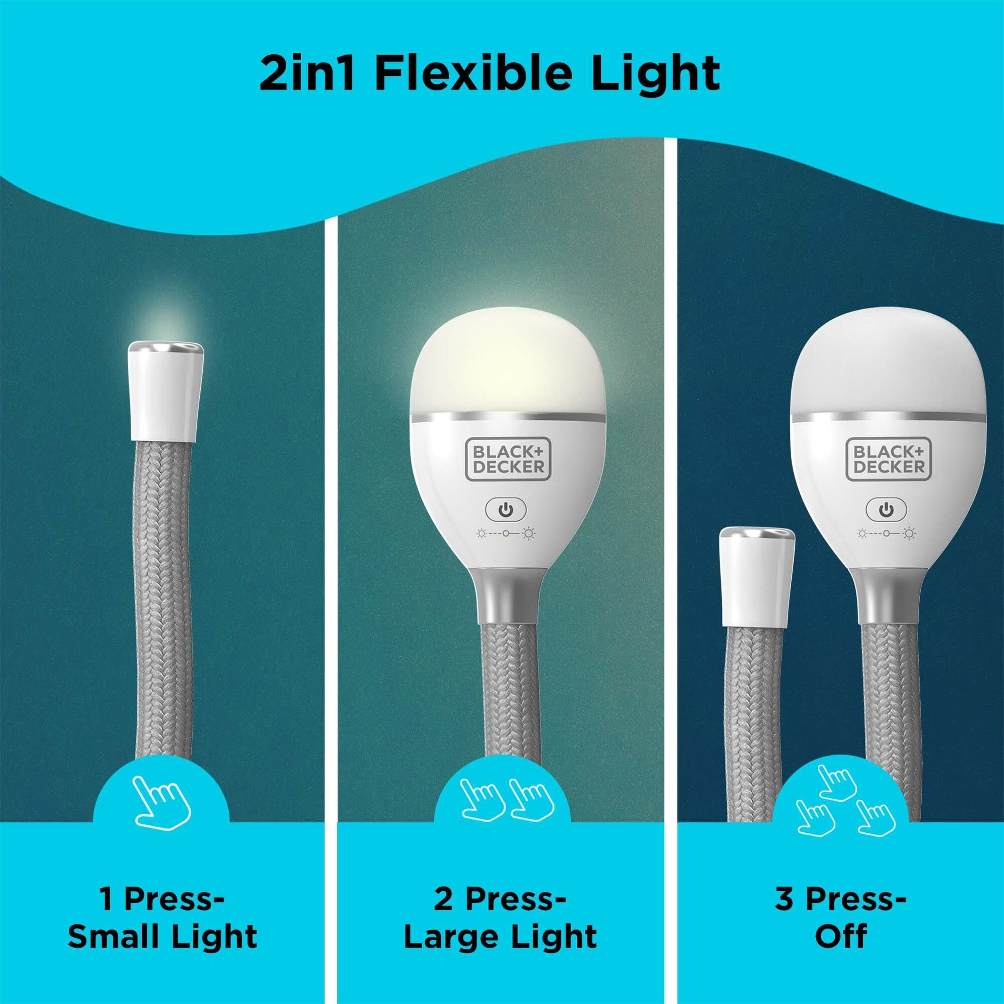 BLACK+DECKER Flexible Rechargeable Snake Light - Adjustable Desk Lamp for Reading, Studying & Working - 2 Brightness Settings (BDCFSL01) - Perfect for Home Office, Dorm Room & Nightstand Lighting