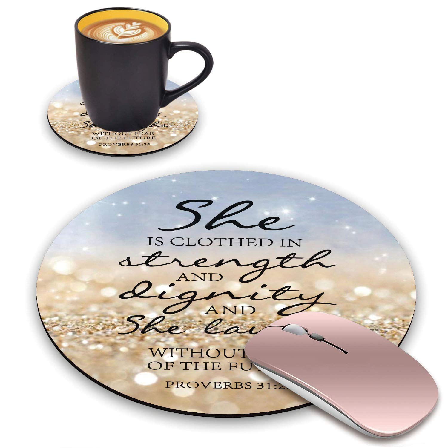Rainbow Glitter Christian Quote Bible Verse Proverbs 31:25 Mouse Pad with Non-Slip Rubber Base - Round Mouse Pad & Coasters Set for Laptop, Computer, Office & Home Decor