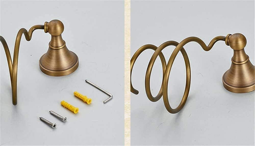 Antique Brass Wall Mount Hair Dryer Holder - Spiral Copper Blower Rack for Bathroom Storage & Organization | Perfect for Small Bathrooms, Vanity Areas & Salon Style Home Decor