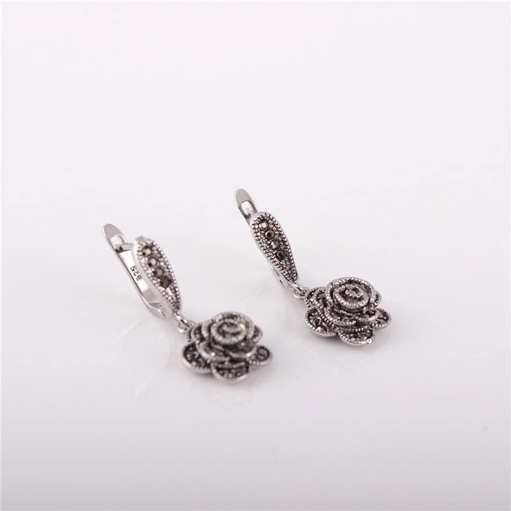 Vintage Black CZ Rose Flower Drop Earrings for Women - Elegant Dangle Jewelry for Party, Wedding & Evening Wear