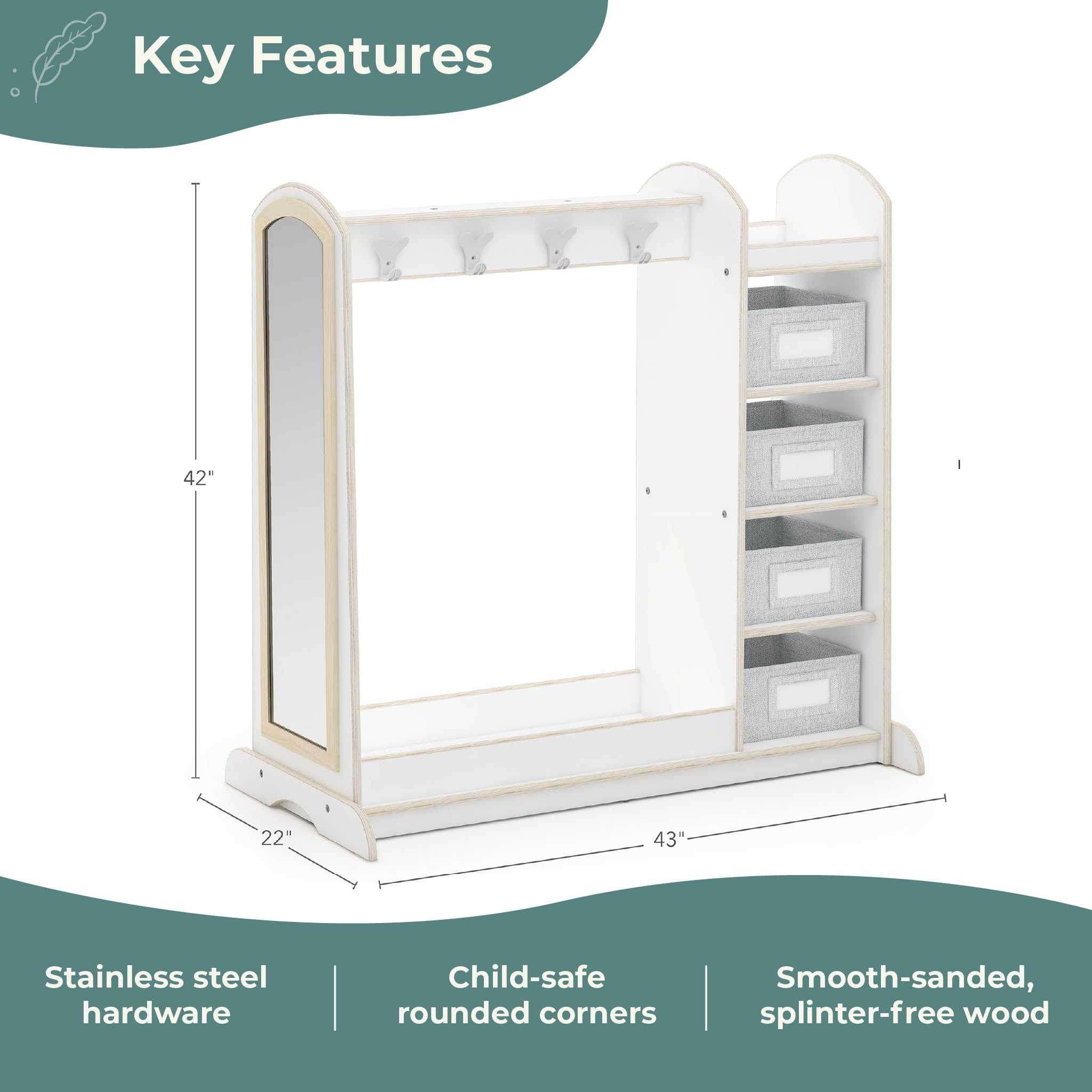 Guidecraft EdQ Dress-up Storage with Bins - White Kids Dresser with Mirror & Safe Hooks, Children's Costume Organizer & Playroom Furniture - Perfect for Bedroom, Nursery, and Daycare Storage Solutions