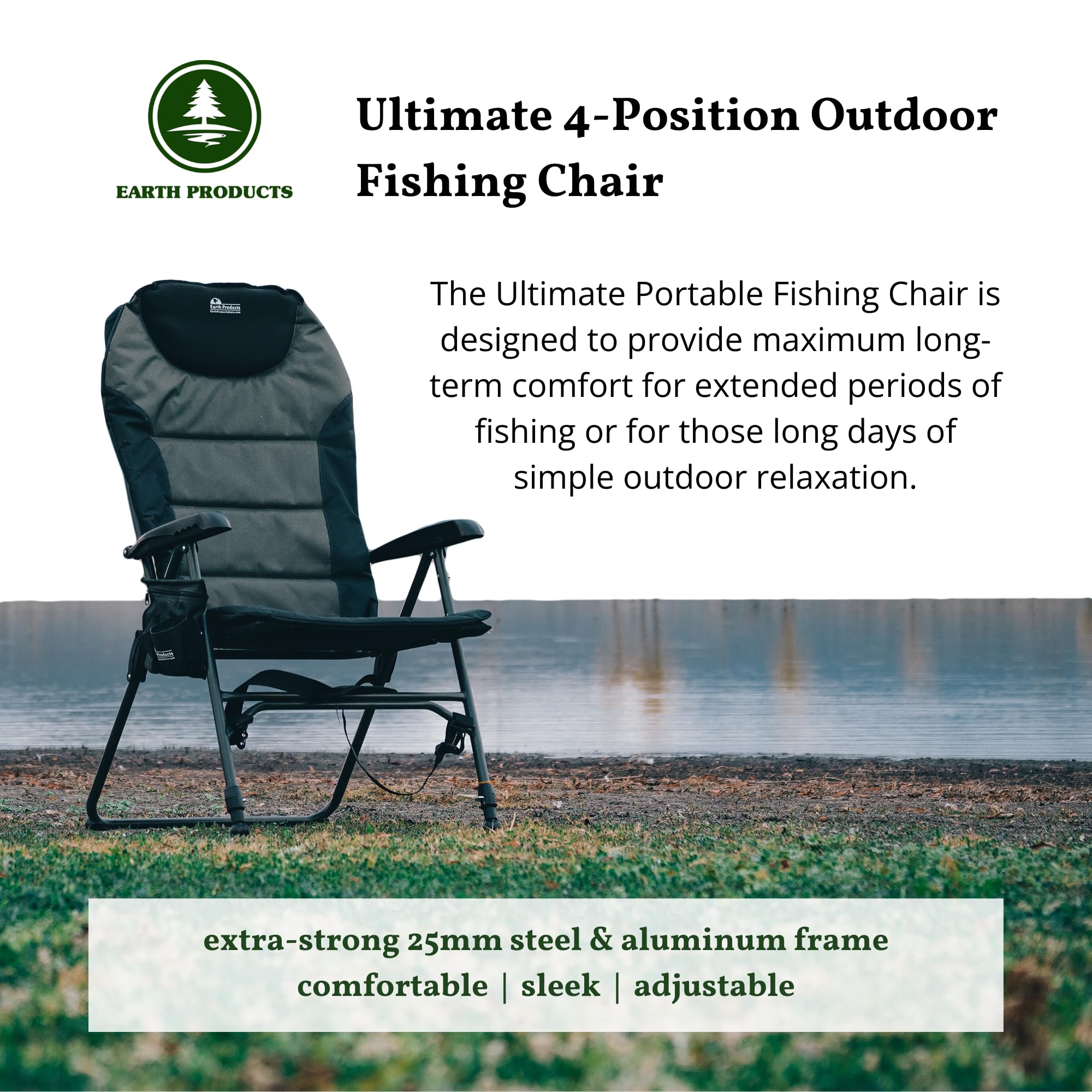 Premium Folding Fishing Chair with Reclining Backrest & Adjustable Legs - Ultra Comfortable Portable Outdoor Chair for Camping, Picnics, Beach, Sporting Events, Tailgating - Perfect for Relaxing by the Lake or Backyard BBQs