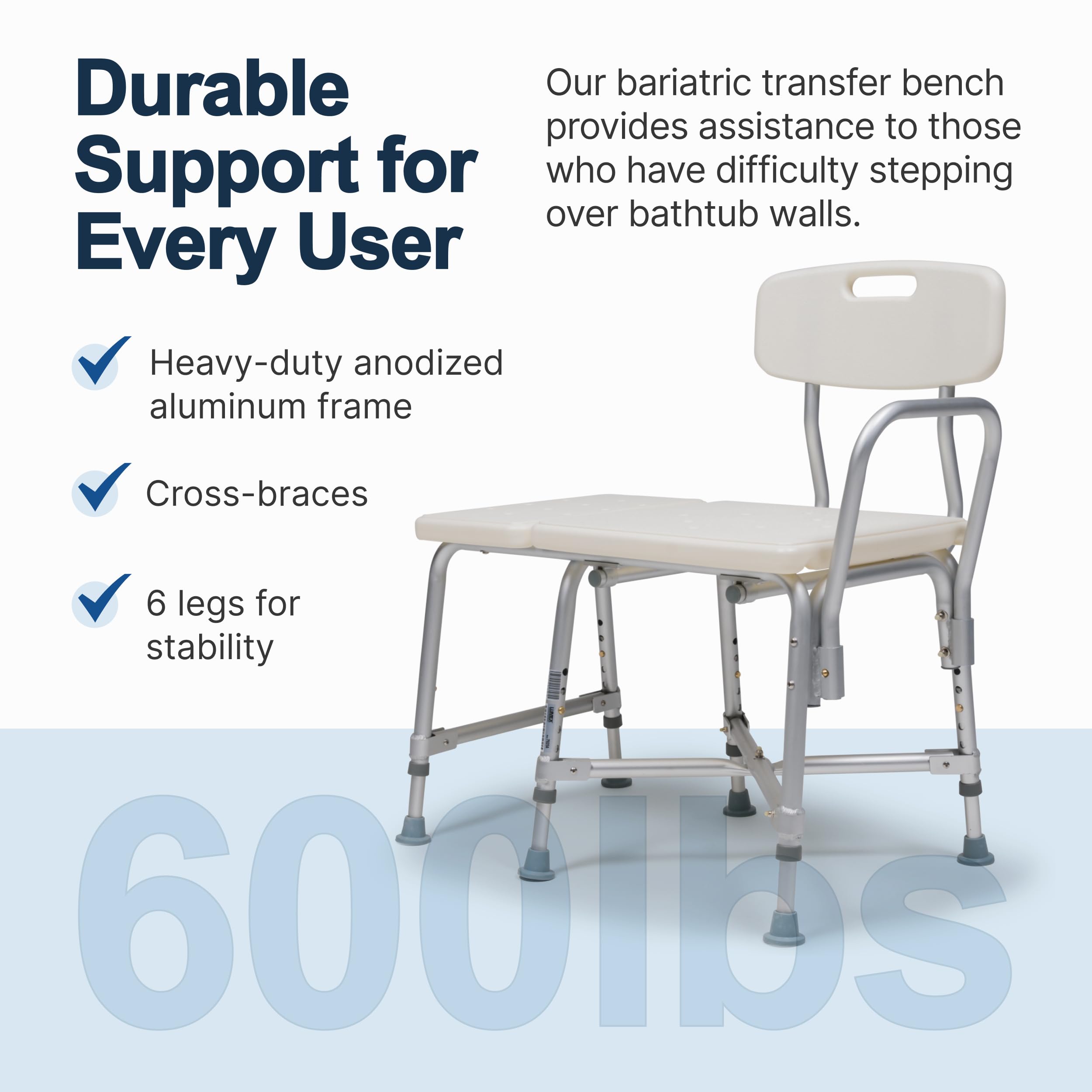 Lumex Heavy-Duty Bariatric Shower Transfer Bench - Extra Wide Bathtub Chair with 600 lb Weight Capacity - Ideal for Elderly & Disabled Bathroom Safety