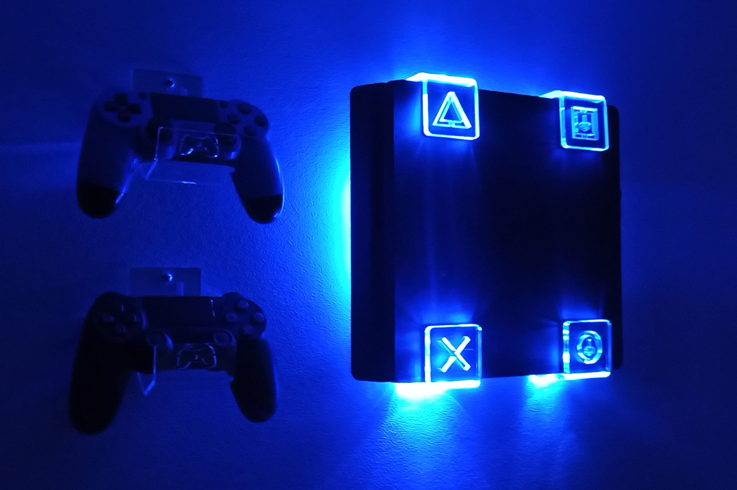 Wall Mount for PS4 PlayStation 4 Slim with Multicolor LED Lighting Kit + 2 Controller Holders - Space-Saving Gaming Setup for Bedroom & Living Room