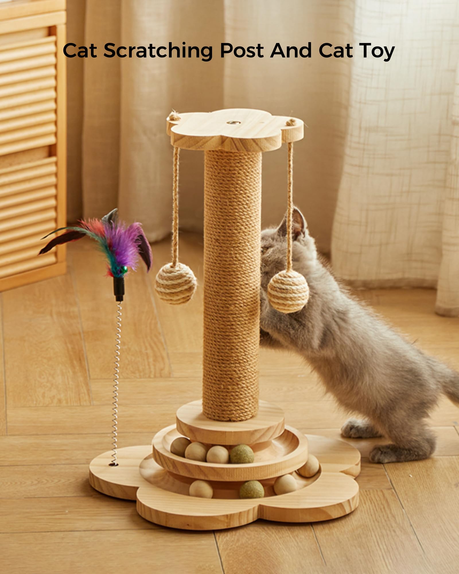 4-in-1 Wooden Cat Scratching Post with Interactive Toys - 17.7