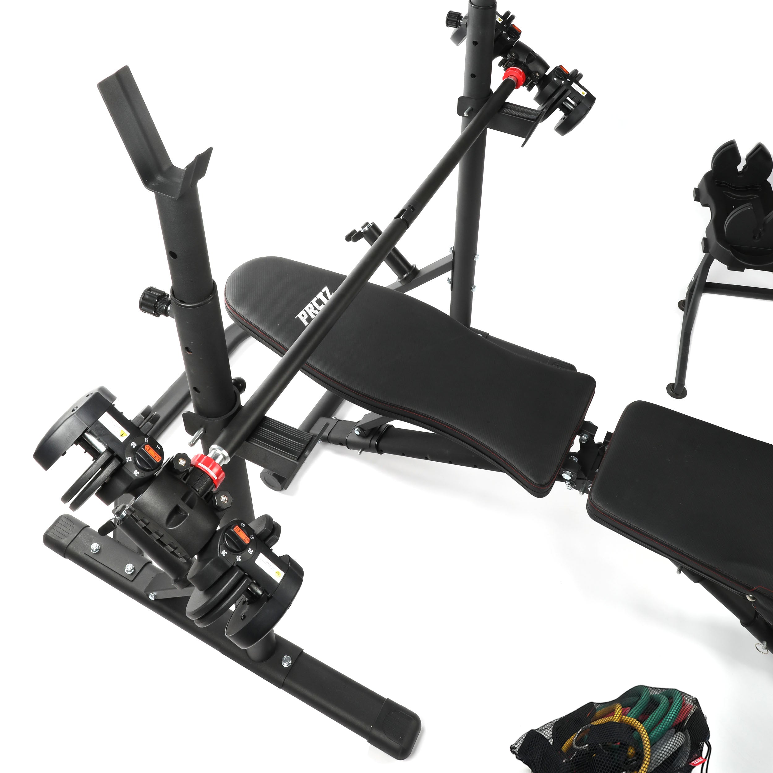 PRCTZ SP3 Home Gym Bundle – Olympic Weight Bench with Squat Rack, 6ft Modular Barbell, 10-30lb Adjustable Dumbbells & Resistance Bands – Perfect for Full-Body Workouts at Home