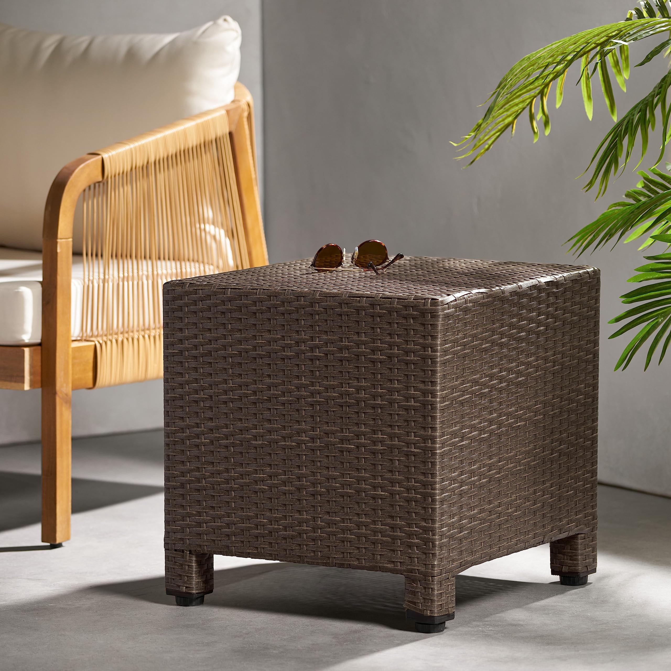 Christopher Knight Home Puerta Outdoor Wicker Side Table - Light Brown Rattan End Table for Patio, Porch, Garden & Poolside Decor