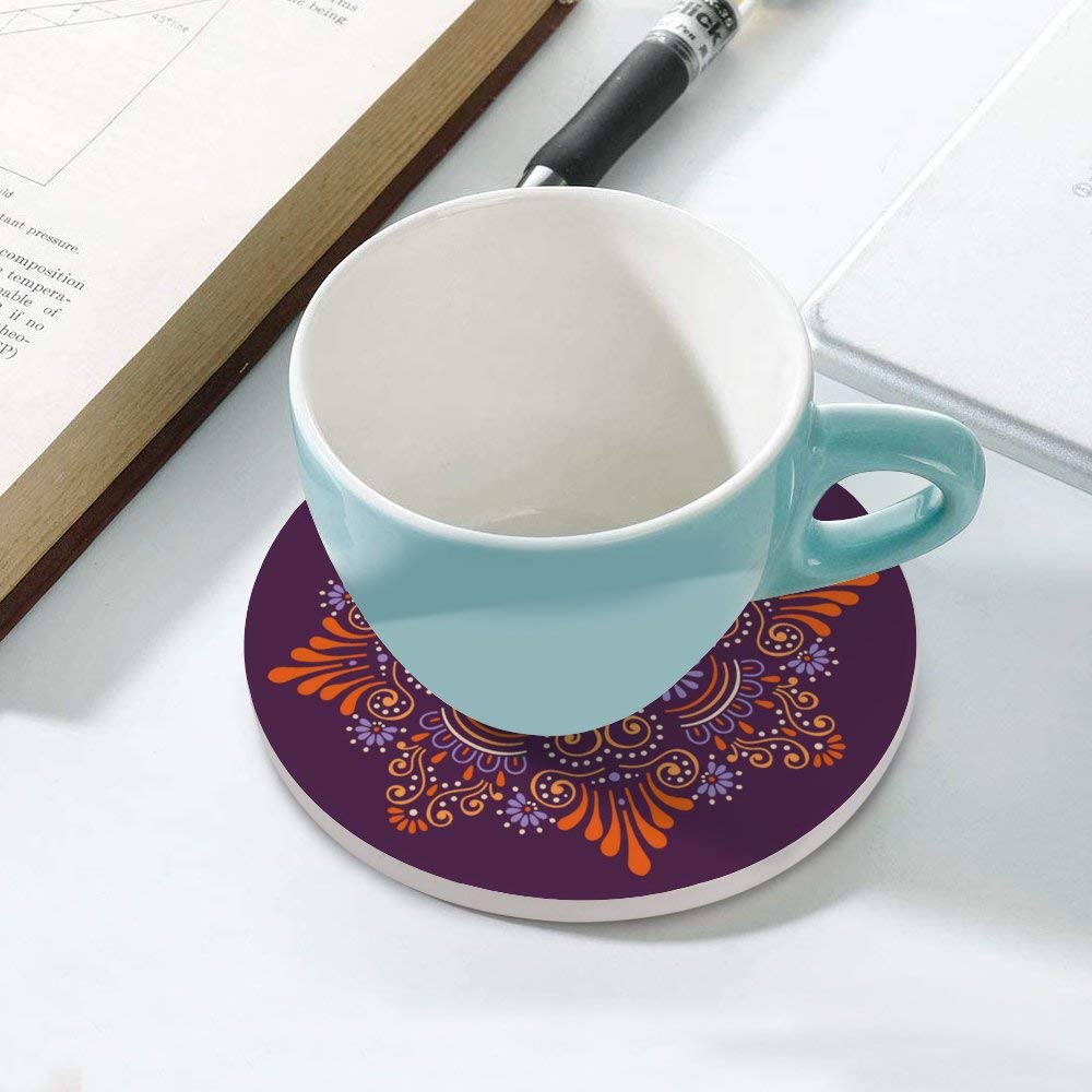 Absorbent Ceramic Coasters with Exotic Ethnic Purple Pattern - Set of 2 Round Drink Coasters with Cork Base for Coffee Cups & Glasses | Perfect for Bar, Farmhouse & Home Decor