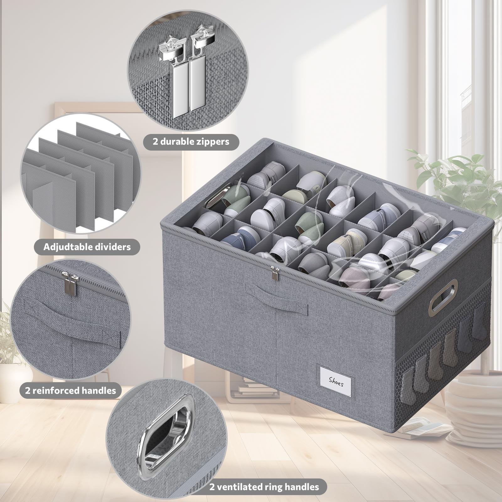 Foldable Shoe Storage Organizer for Closet - Clear View Shoe Box Containers Holds 18 Pairs, Adjustable Dividers for Shoes, Blankets, Linen & Clothing Storage - Perfect for Bedroom, Entryway & Dorm Organization
