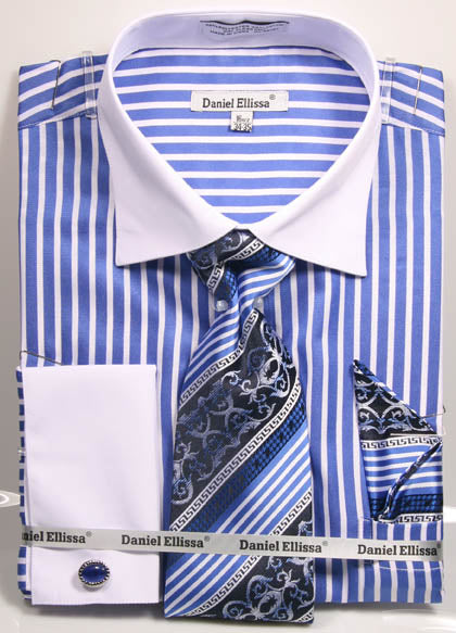 Daniel Ellissa Men's Stripe Pattern French Cuff Dress Shirt DS3787P2 - Blue Formal Business Attire for Office, Wedding & Special Occasions