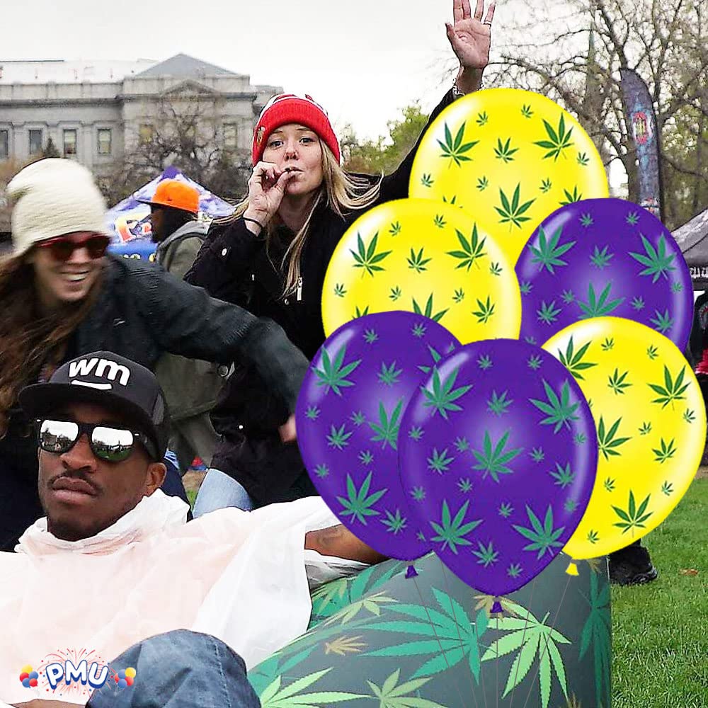 Premium 11-Inch Yellow & Purple Marijuana Balloons with Green Leaf Print - Pack of 100 for 420 Parties, Cannabis Celebrations & Stoner Events