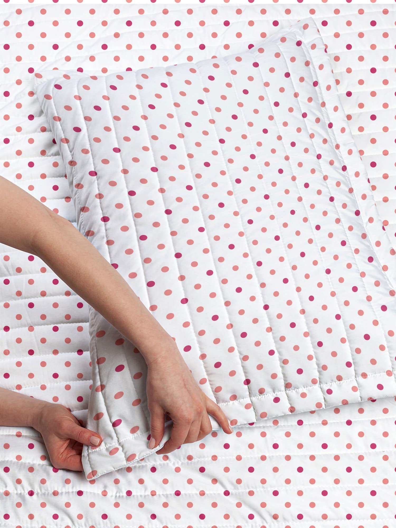 Ambesonne Coral Microfiber Bedspread Set - Classic Retro Style Polka Dot Design, Soft Pink & White Symmetrical Pattern, Includes Pillow Sham & Comforter, Twin Size | Perfect for Guest Rooms, Beach Houses & Boho Bedroom Decor