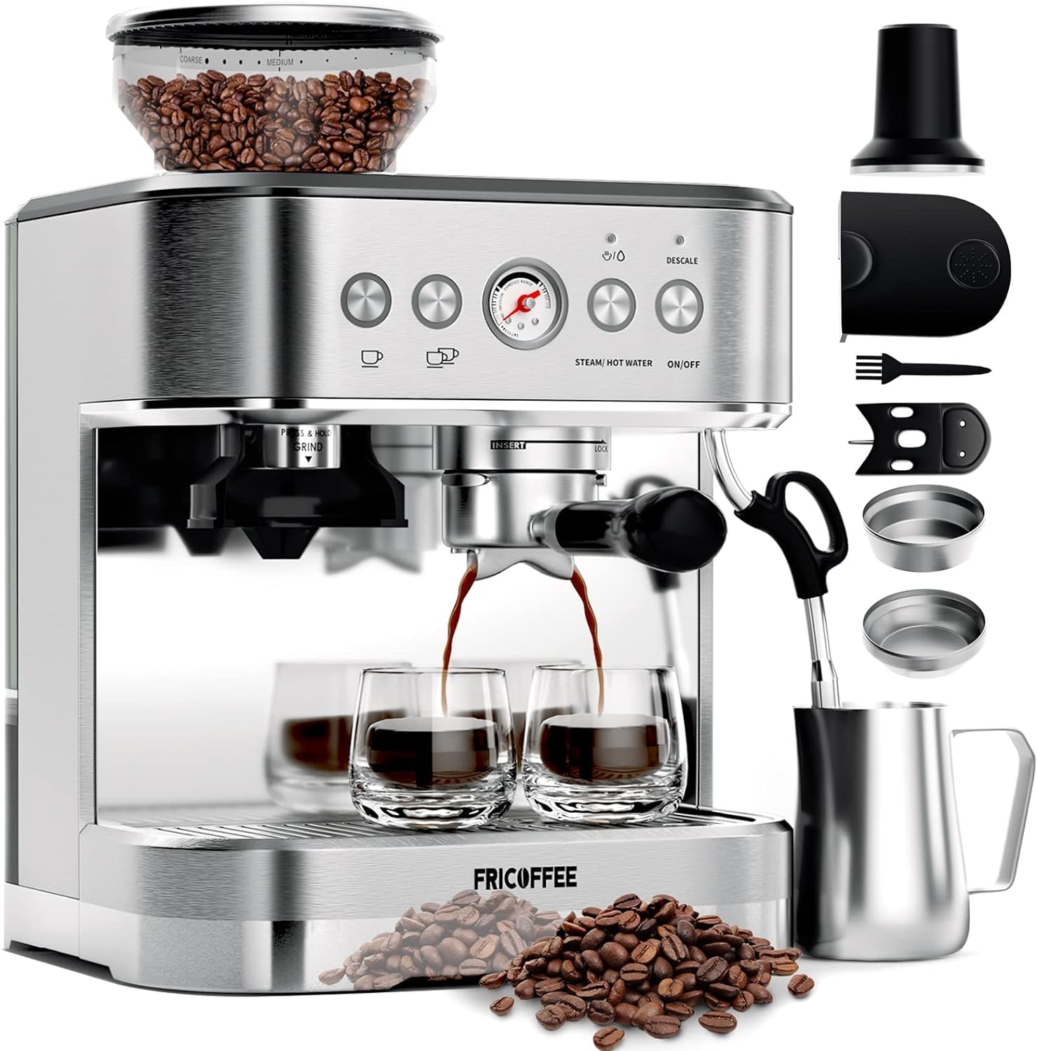 WantJoin Semi-Automatic Espresso Machine with Built-in Grinder & Milk Frother - Stainless Steel Cappuccino Maker for Home Baristas & Coffee Lovers - Perfect for Kitchen, Office, or Small Cafes