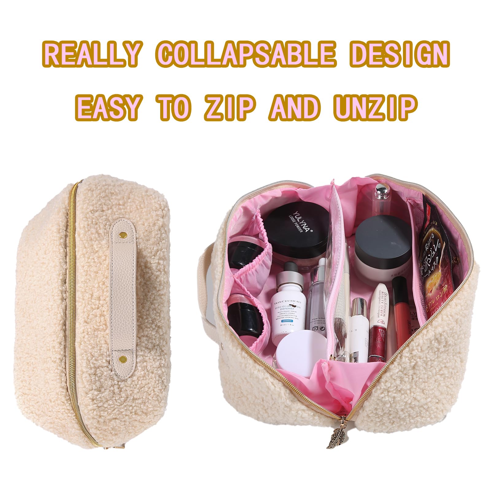 Large Capacity Travel Makeup Bag - Cute Plush Cosmetic Organizer with Handle & Divider, Portable Toiletry Pouch for Women | Perfect for Airplane Carry-on, Gym Essentials & Weekend Getaways (Black)