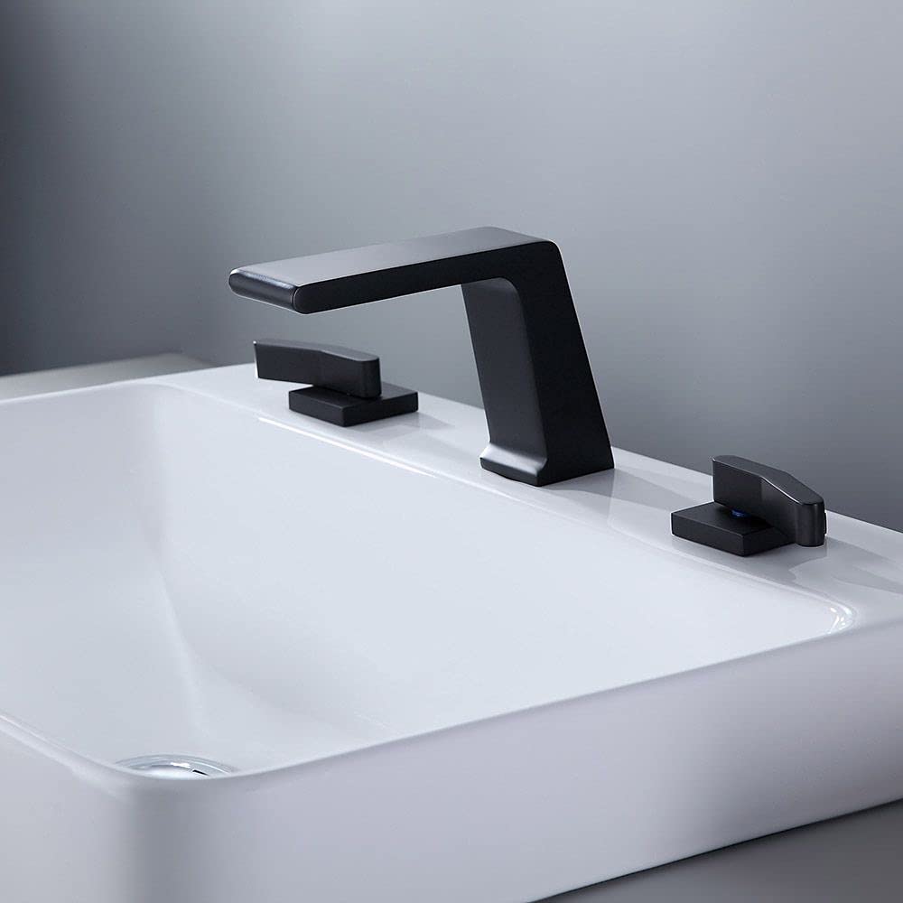 Matte Black Waterfall Widespread Bathroom Sink Faucet - Contemporary 3 Hole Double Handle Solid Brass Bathroom Faucet for Vanity Sink - Perfect for Modern Home, Hotel, and Luxury Bathroom Renovation