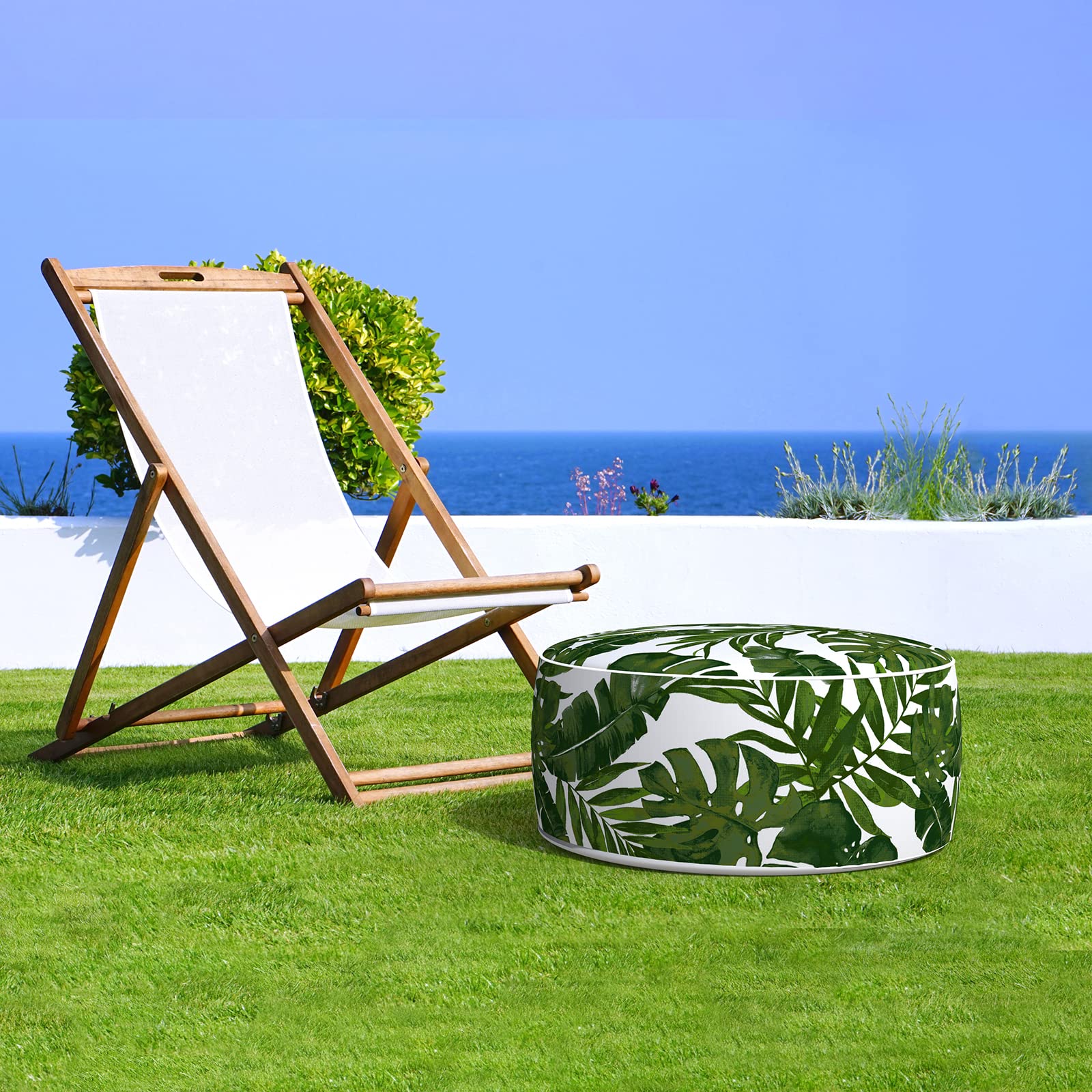 **LVTXIII Inflatable Stool Ottoman Footrest with Handle - All-Weather Indoor/Outdoor Use for Home, Patio, Garden & Camping - D21 x H9, Palm Green - Perfect for Relaxing, Lounging & Outdoor Adventures**