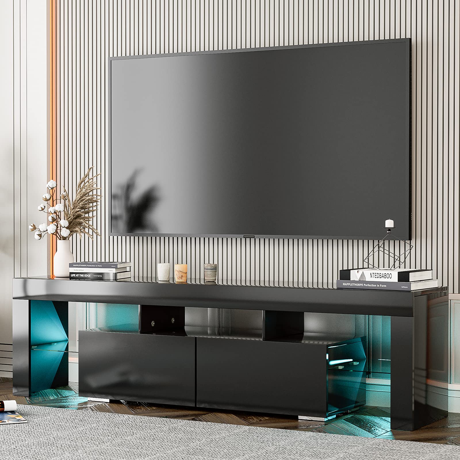IKIFLY Black TV Stand for 65+ Inch TVs - Modern LED Entertainment Center with 16 Color Changing Lights & Remote Control, High Glossy TV Cabinet with Storage & 2 Drawers - Perfect for Living Room, Bedroom or Home Theater Setup
