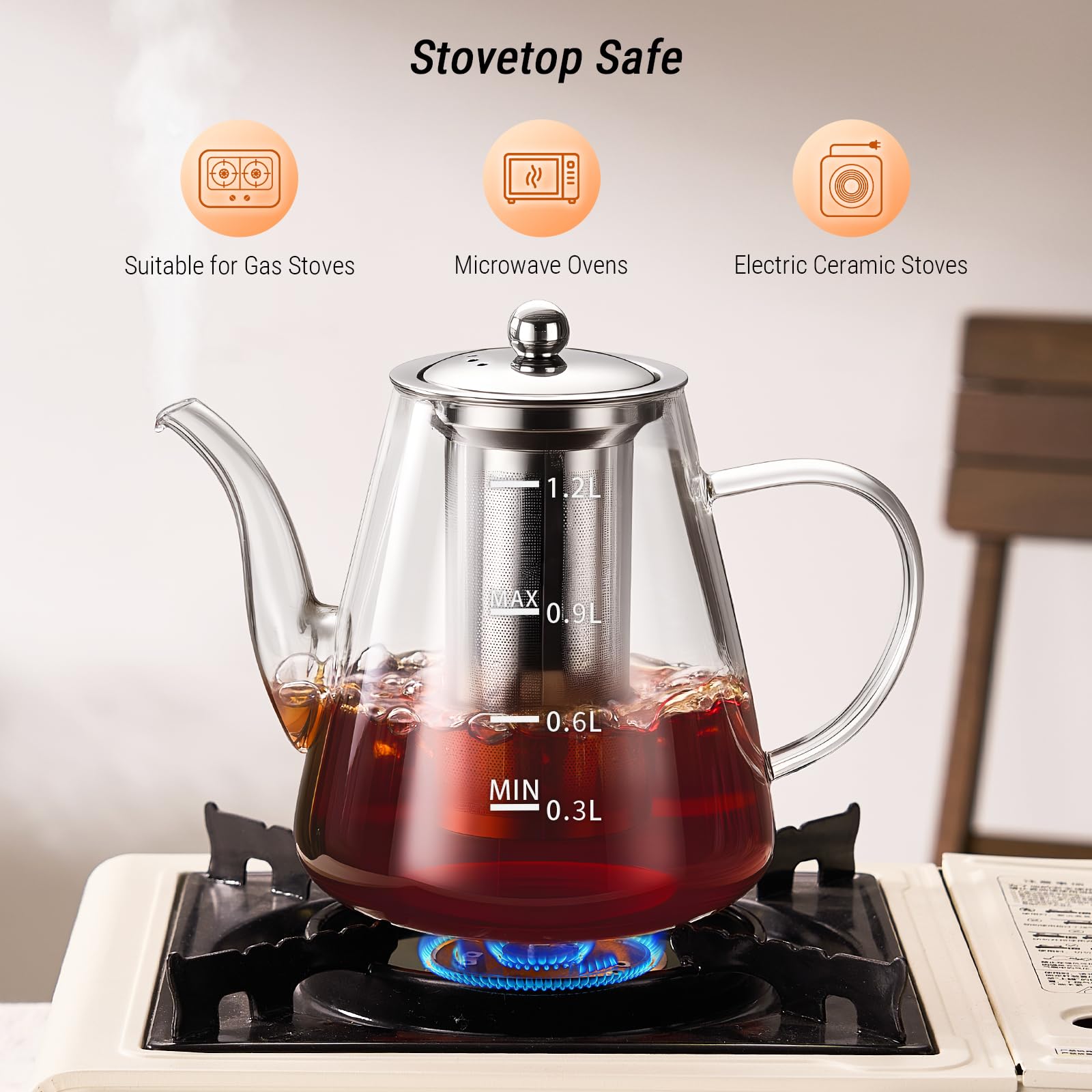 Premium Borosilicate Glass Teapot with Removable Stainless Steel Infuser - 41oz/1200ml Clear Stovetop Tea Kettle with Measurement Scale - Perfect for Blooming, Loose Leaf & Herbal Tea Brewing - Ideal for Home, Office, Camping & Outdoor Use