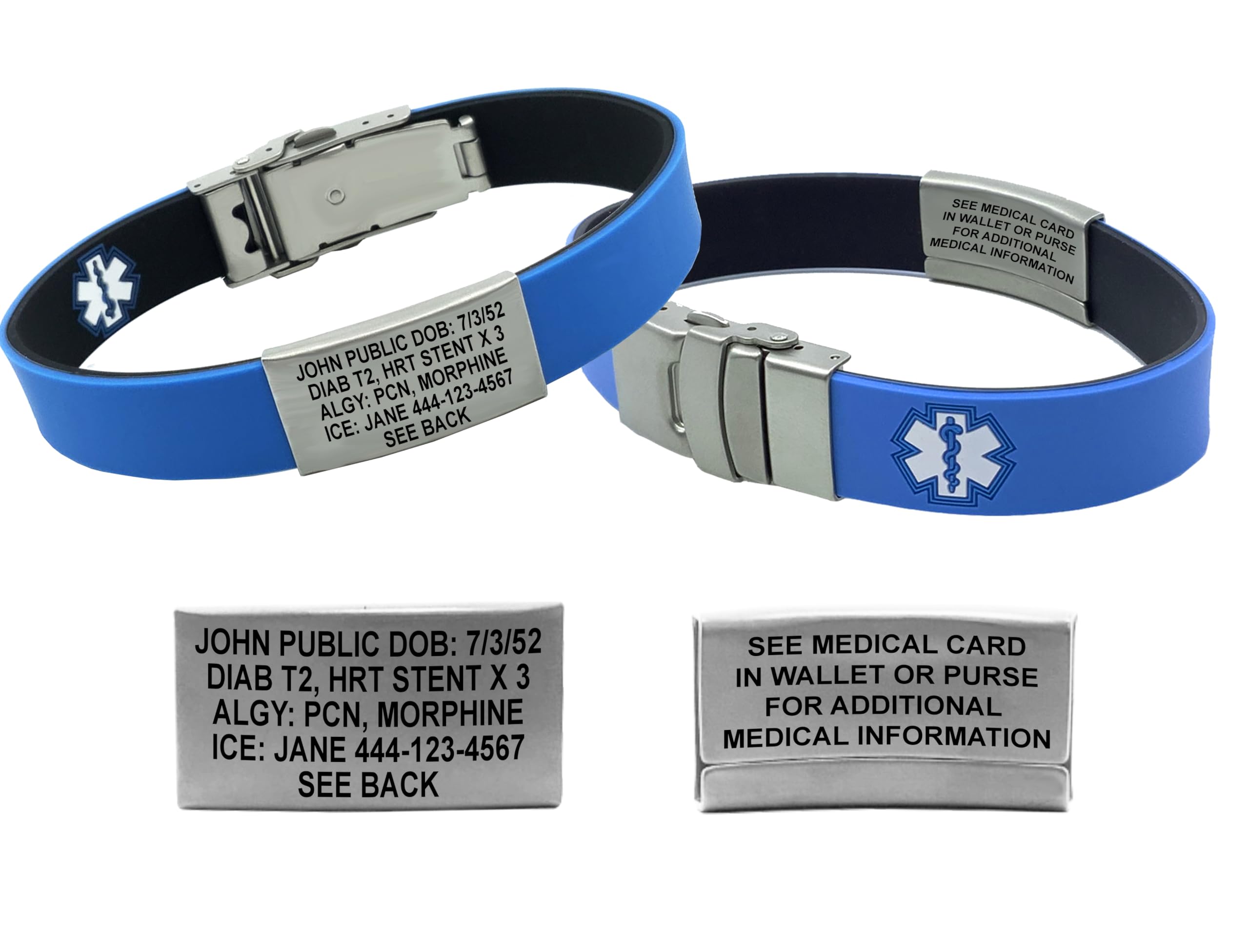 Medical Alert Bracelets for Women & Men - Slim Reversible Silicone Emergency ID Bracelet with Custom Laser Engraving, Includes Emergency Medical Card & Digital Health Record Access (Black/Blue) - Ideal for Seniors, Diabetics, and Allergy Sufferers