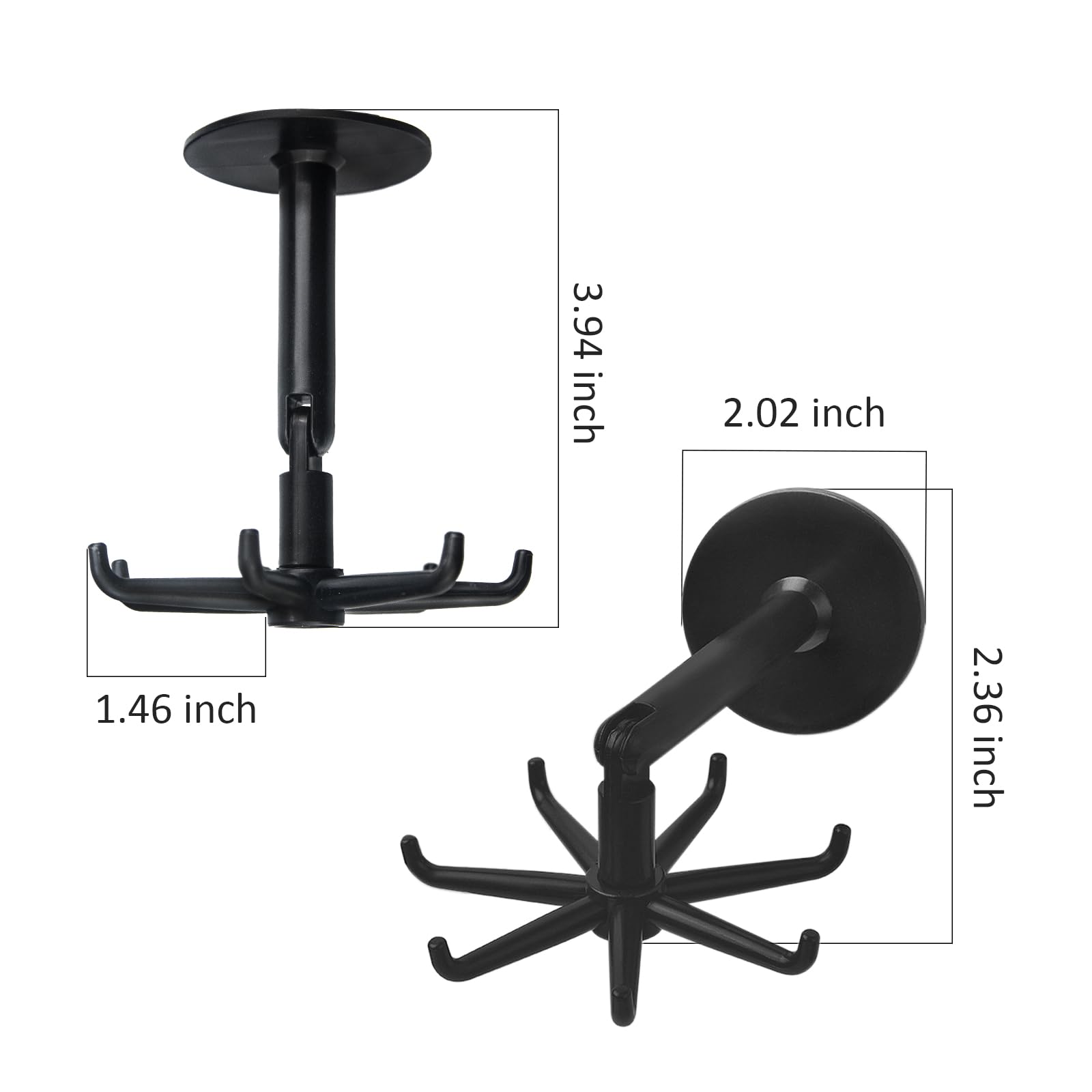 360° Rotating Under Cabinet Kitchen Wall Shelf Hooks - 7 Hooks Space Saving Utensil Organizer for Tools, Towels, Oven Mitts - No Drill Adhesive Mount - Perfect for Kitchen, Bathroom & Pantry Organization (2 Pack, Black)