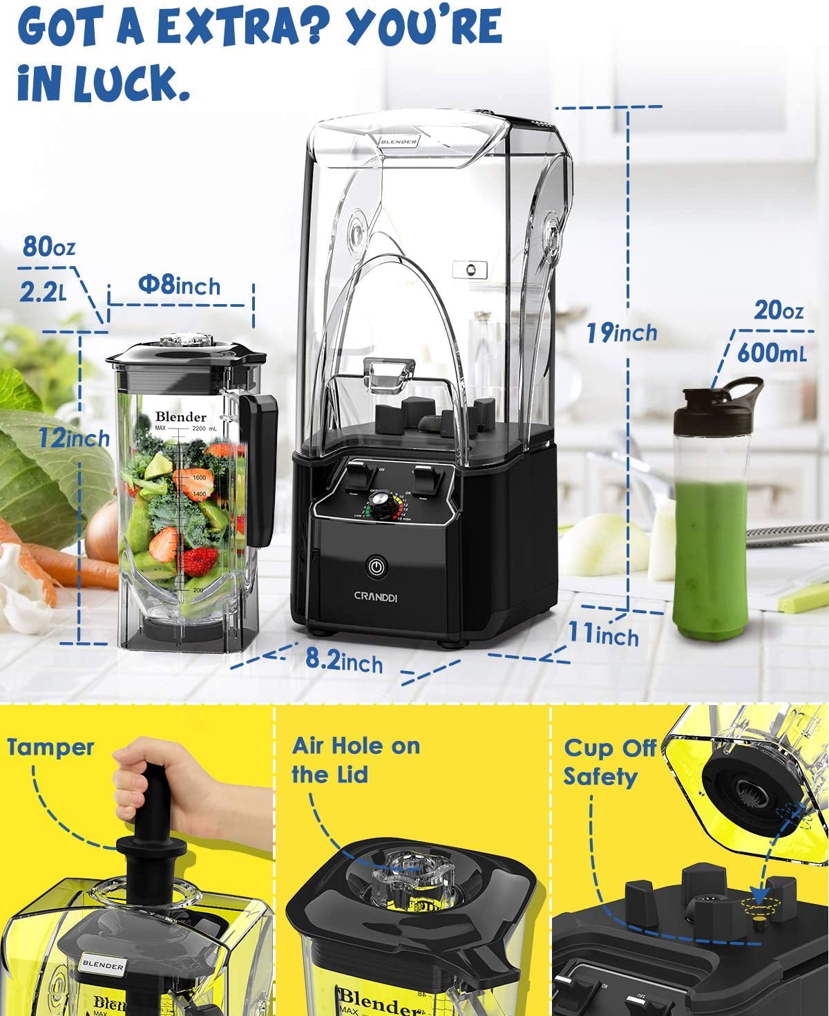 CRANDDI 2200W Commercial Quiet Blender - BPA-Free 80oz Pitcher, 15-Speed & Pulse Control - Professional Countertop Blender for Smoothies, Shakes, Ice Crushing - Ideal for Restaurants, Cafes & Home Kitchens (K90 Black)