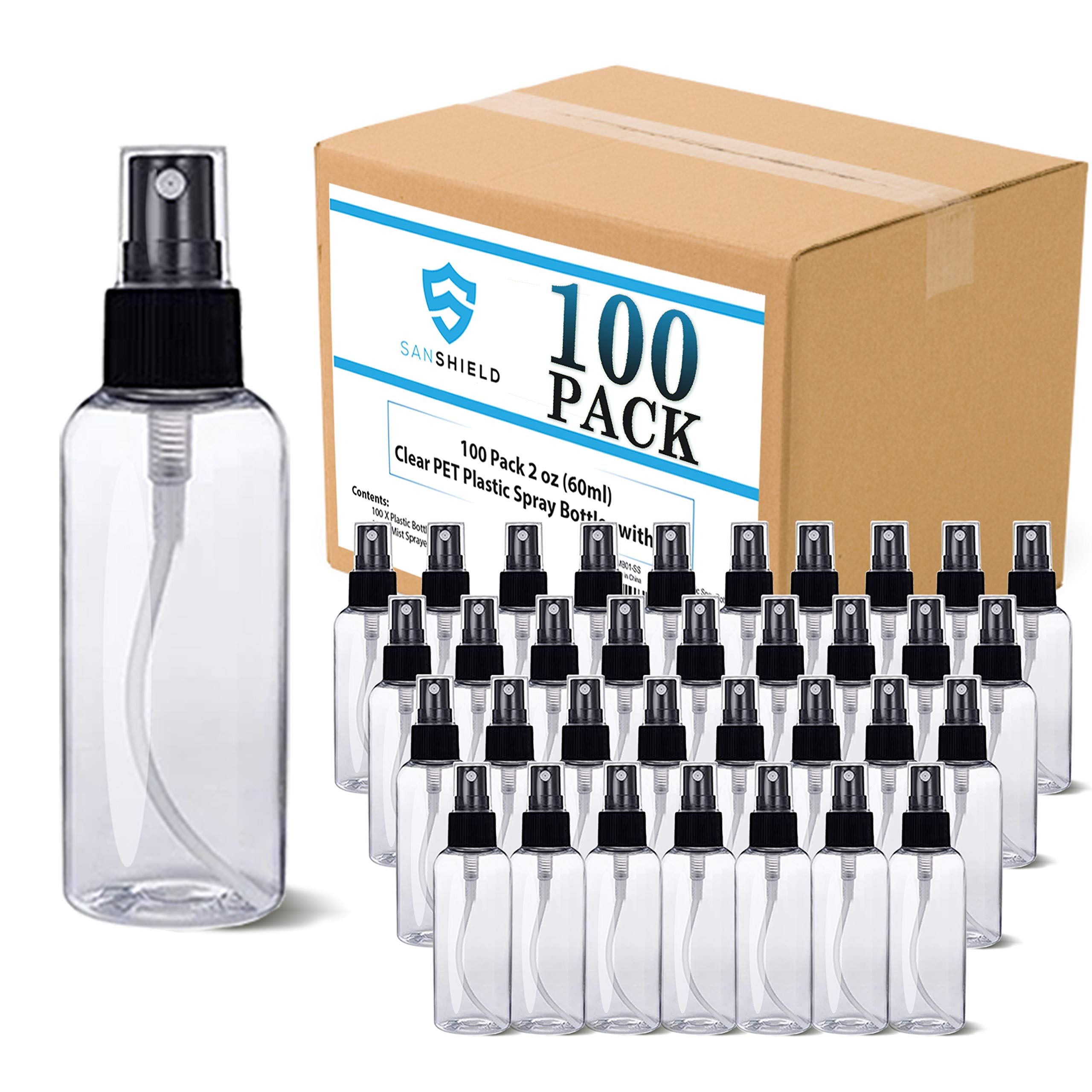 SANSHIELD 100 Pack 2 oz (60 ml) Clear PET Plastic Spray Bottles with Cap - Refillable & Reusable Travel Size Mist Bottles for Hair, Skin Care, Cleaning & DIY Projects - Perfect for Home, Salon, Travel & Crafting