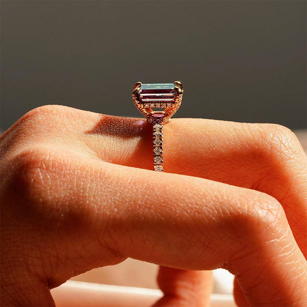 3 CT. Emerald Cut Alexandrite Engagement Ring With Moissanite Hidden Halo - Elegant Wedding Proposal Jewelry for Brides & Anniversaries