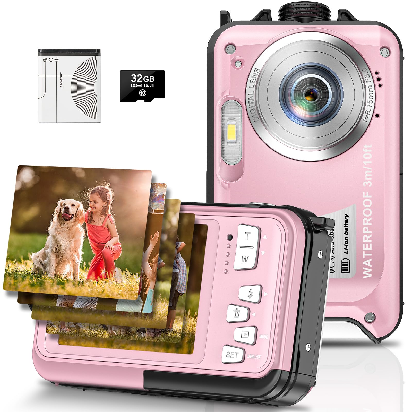 Waterproof Digital Camera 10FT Underwater, 1080P Full HD 30MP Kids Camera with 16X Zoom & Anti-Shake - Perfect for Swimming, Snorkeling & Outdoor Adventures (Pink)