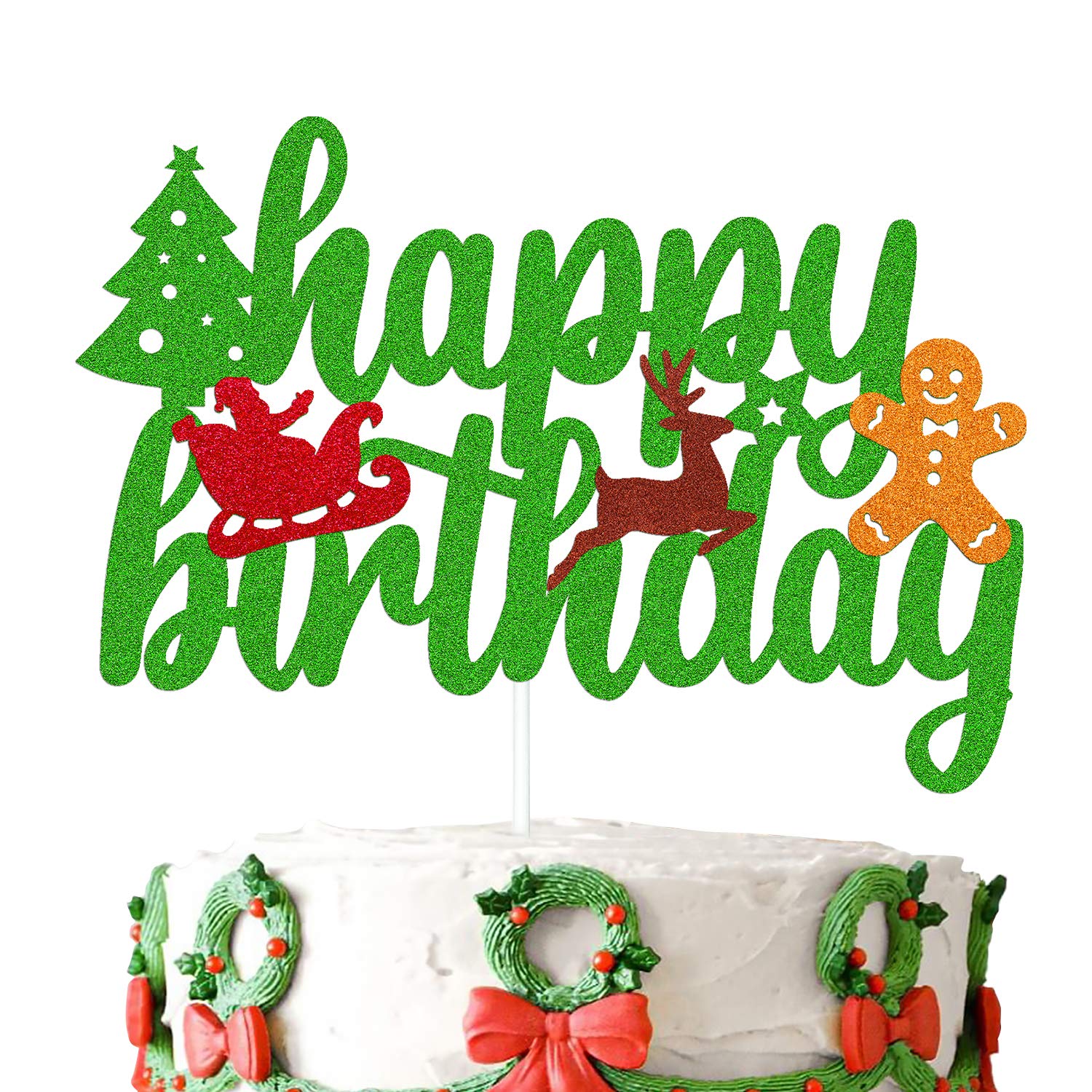 Christmas Birthday Cake Topper - Happy Birthday Sign with Green Glitter for Xmas Tree, Santa, Winter Snowflake & Snowman Themed Party Decorations | Perfect for Holiday Celebrations, Christmas Parties & Festive Dessert Displays
