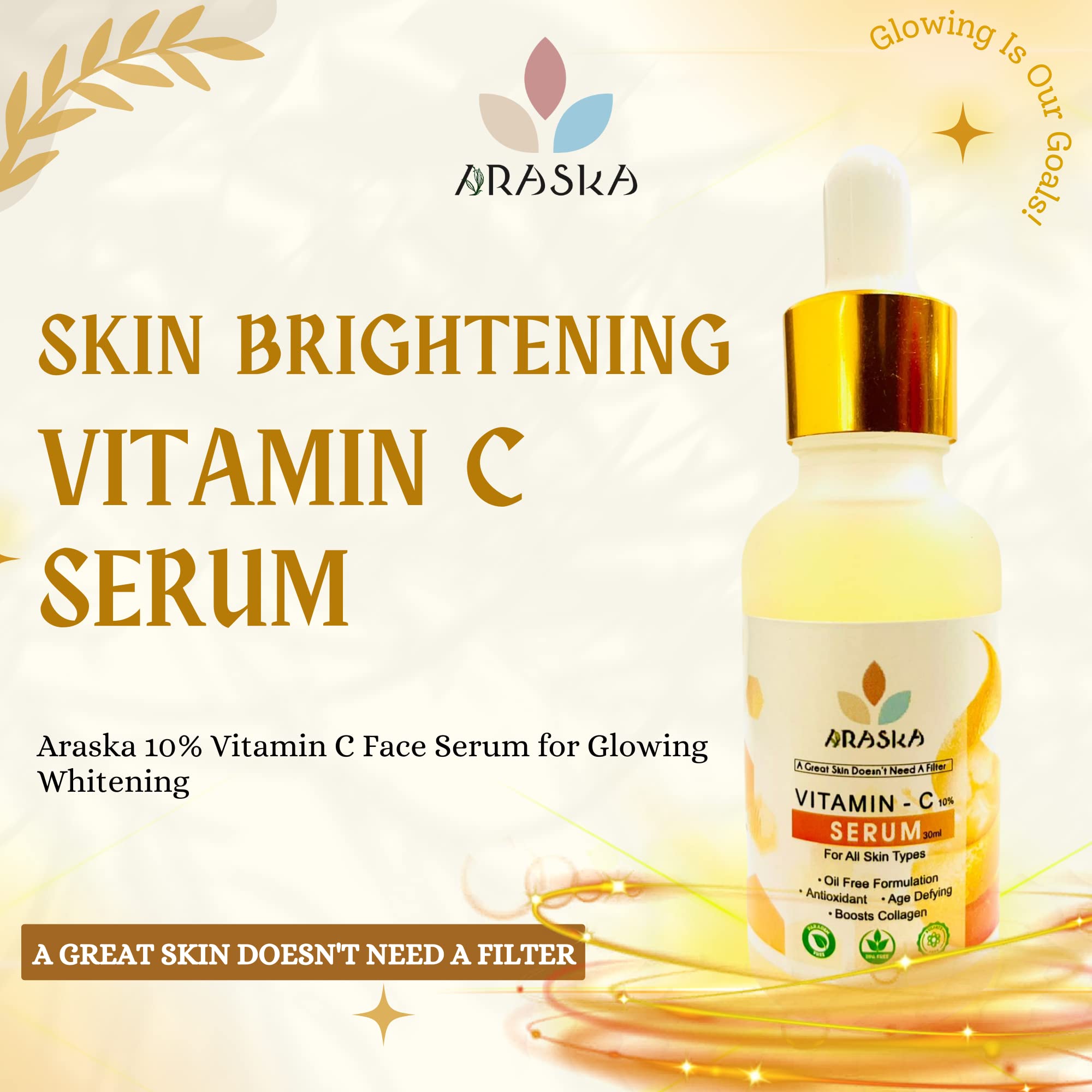 Araska 10% Vitamin C Face Serum for Brightening & Glowing Skin | Pure Ethyl Ascorbic Acid Serum to Reduce Hyperpigmentation & Dark Spots | Anti-Aging Facial Treatment for Dull Skin | 30ml | Perfect for Morning Skincare Routine & Night Repair