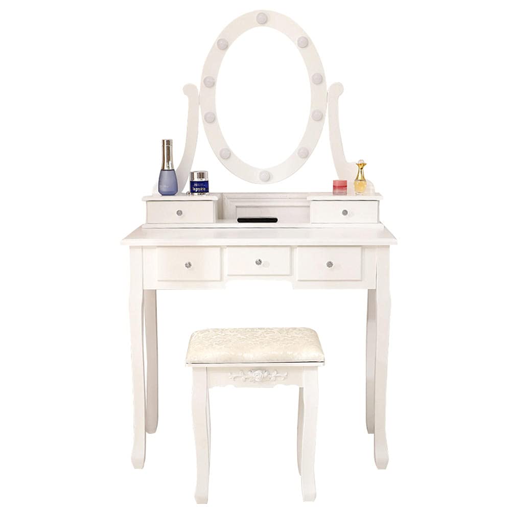 Modern White Vanity Desk with LED Lights & Stool - 5 Drawers for Bedroom Dressing Room