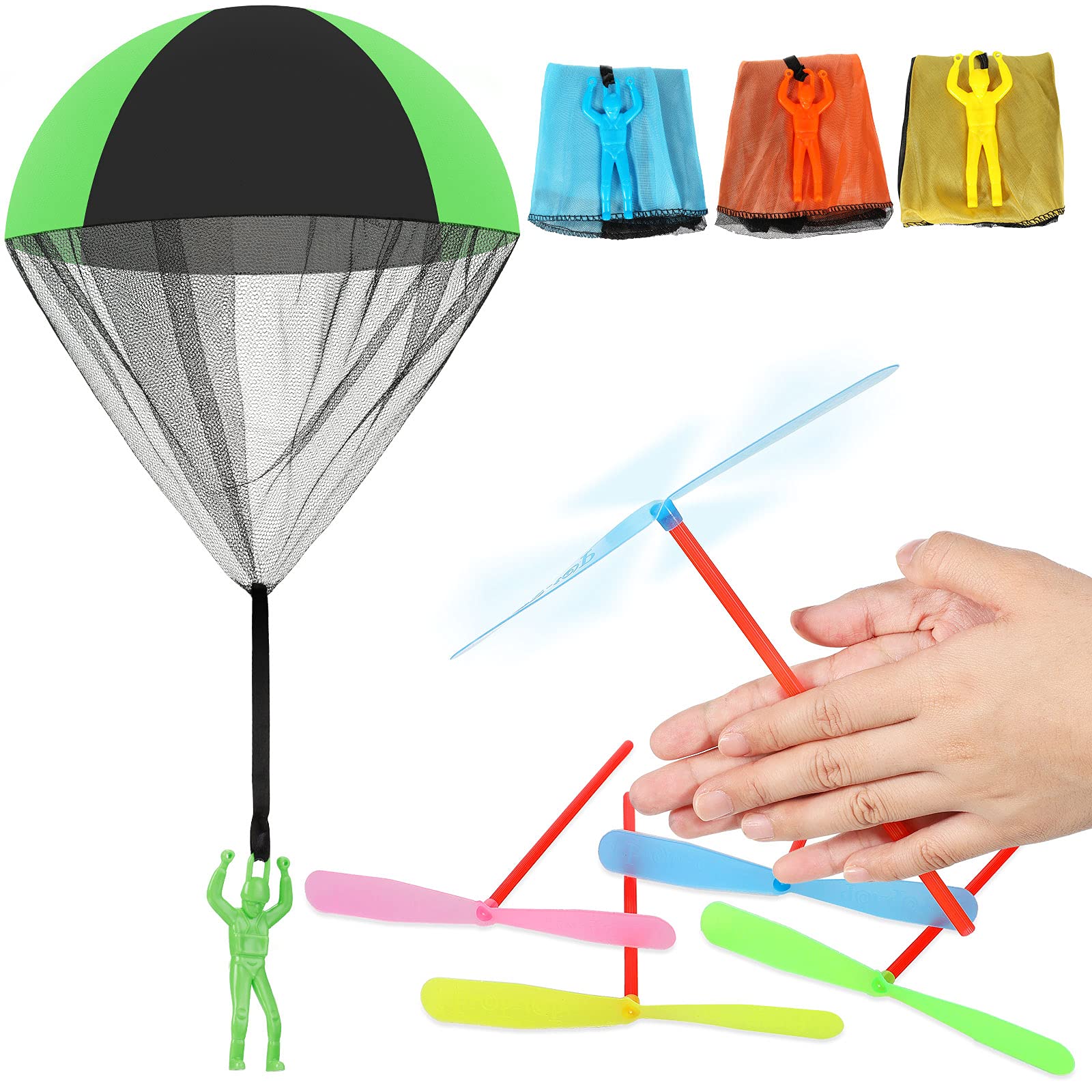 48-Piece Flying Toy Set - 8 Parachute Soldier Toys & 40 Colorful Plastic Dragonfly Spinners | Outdoor Fun for Kids, Birthday Party Favors, Summer Backyard Games, STEM Learning Toys for Boys and Girls