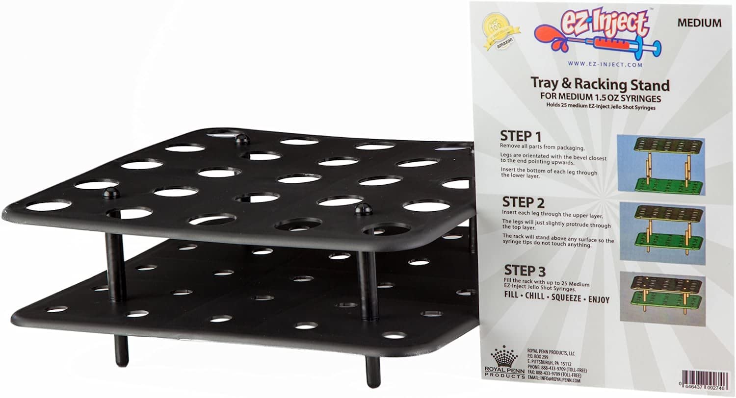 Jello Shot Syringe Tray & Rack Stand - Lightweight Durable Plastic Holder for 1.5oz Syringes (25 Capacity) - Perfect for Halloween Parties, Drinking Games & Holiday Celebrations