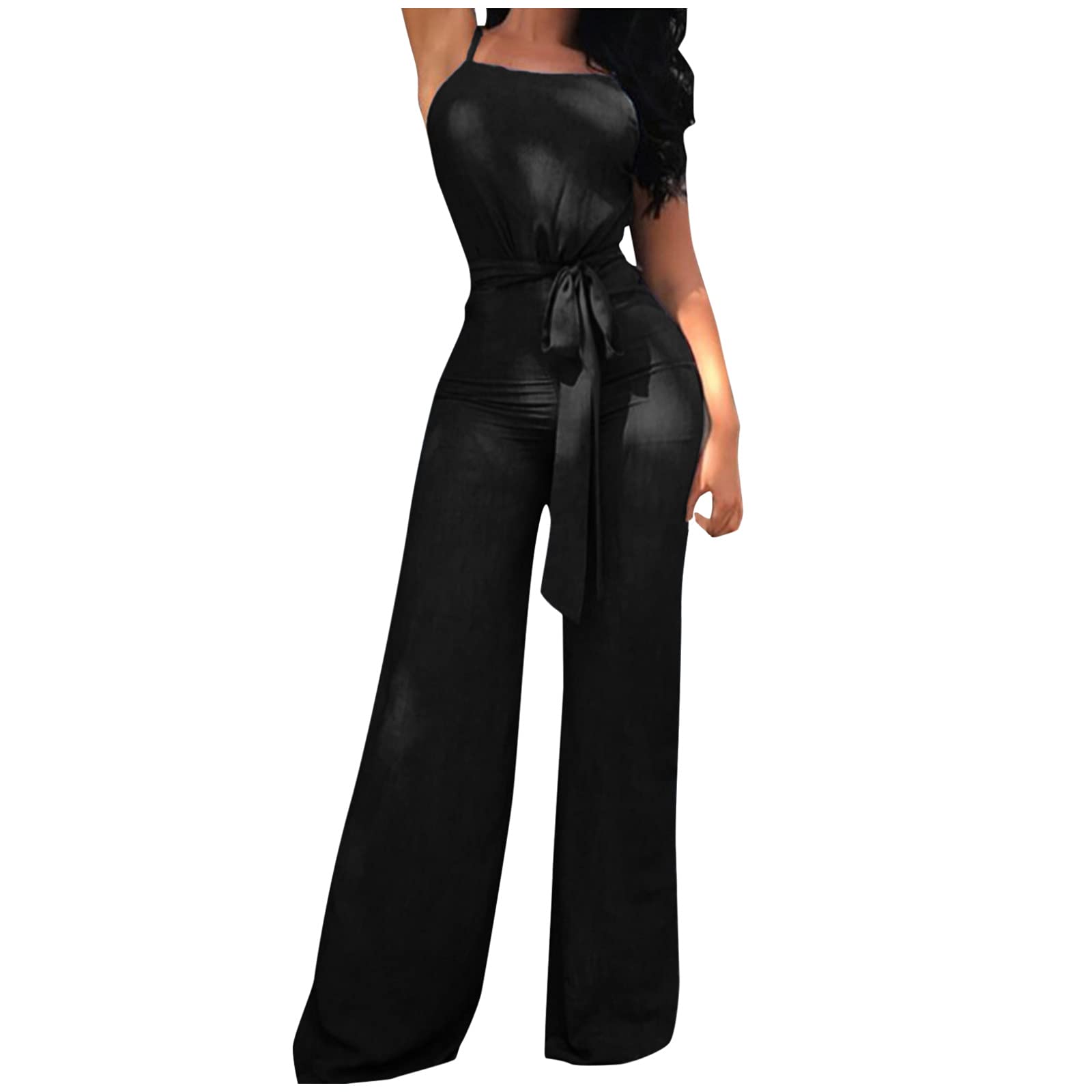 Elegant Women's Sleeveless Wide Leg Jumpsuit with Belt - Sexy Cocktail Party Romper Pantsuit for Night Out, Dinner Date & Special Occasions