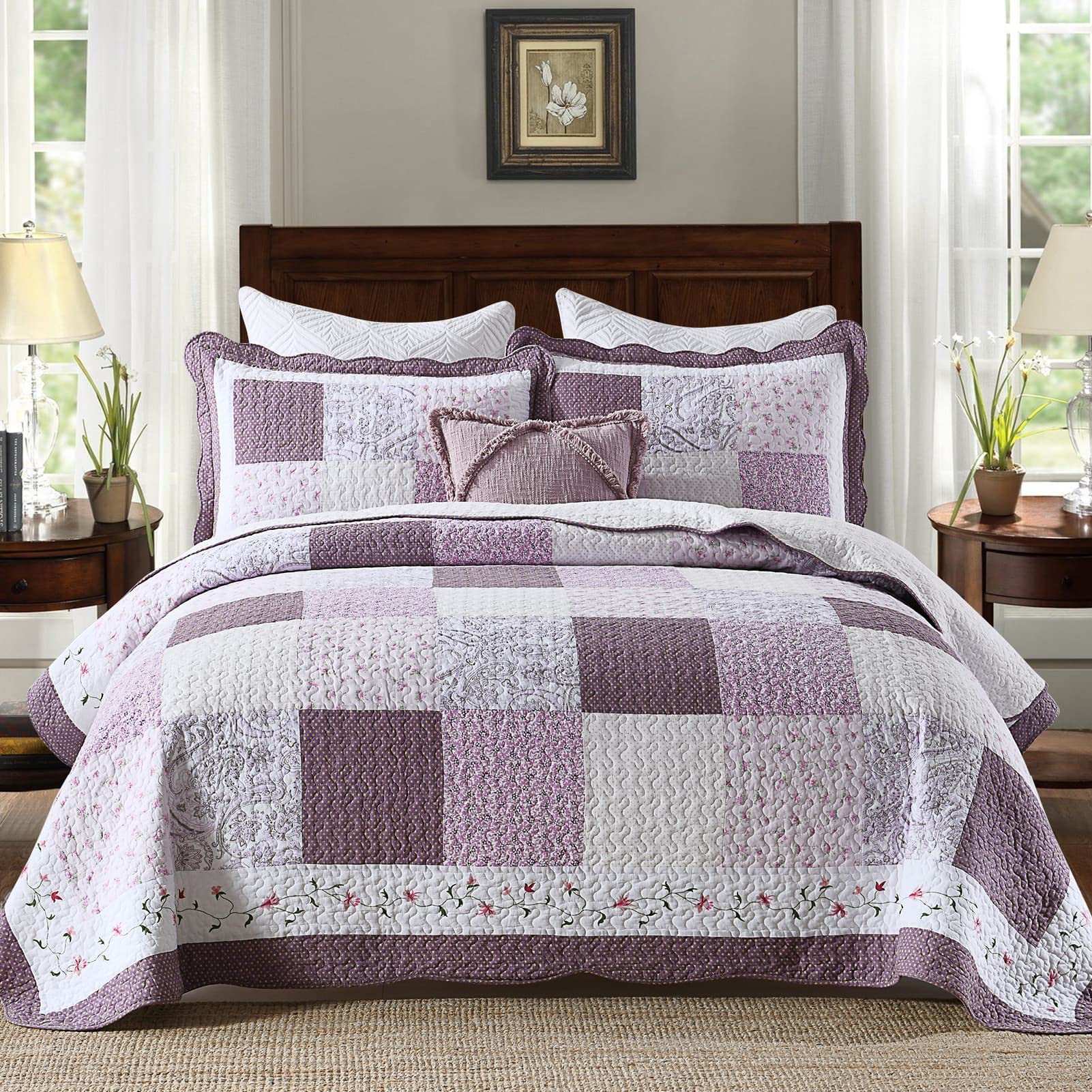 PERHOM 100% Cotton Queen Size Quilt Set - Farmhouse Pink Lilac Orchid Lavender Plaid Lightweight Bedspread, All Season 3-Piece Bedding Set | Cozy Home Decor for Master Bedroom, Guest Room & Vacation House