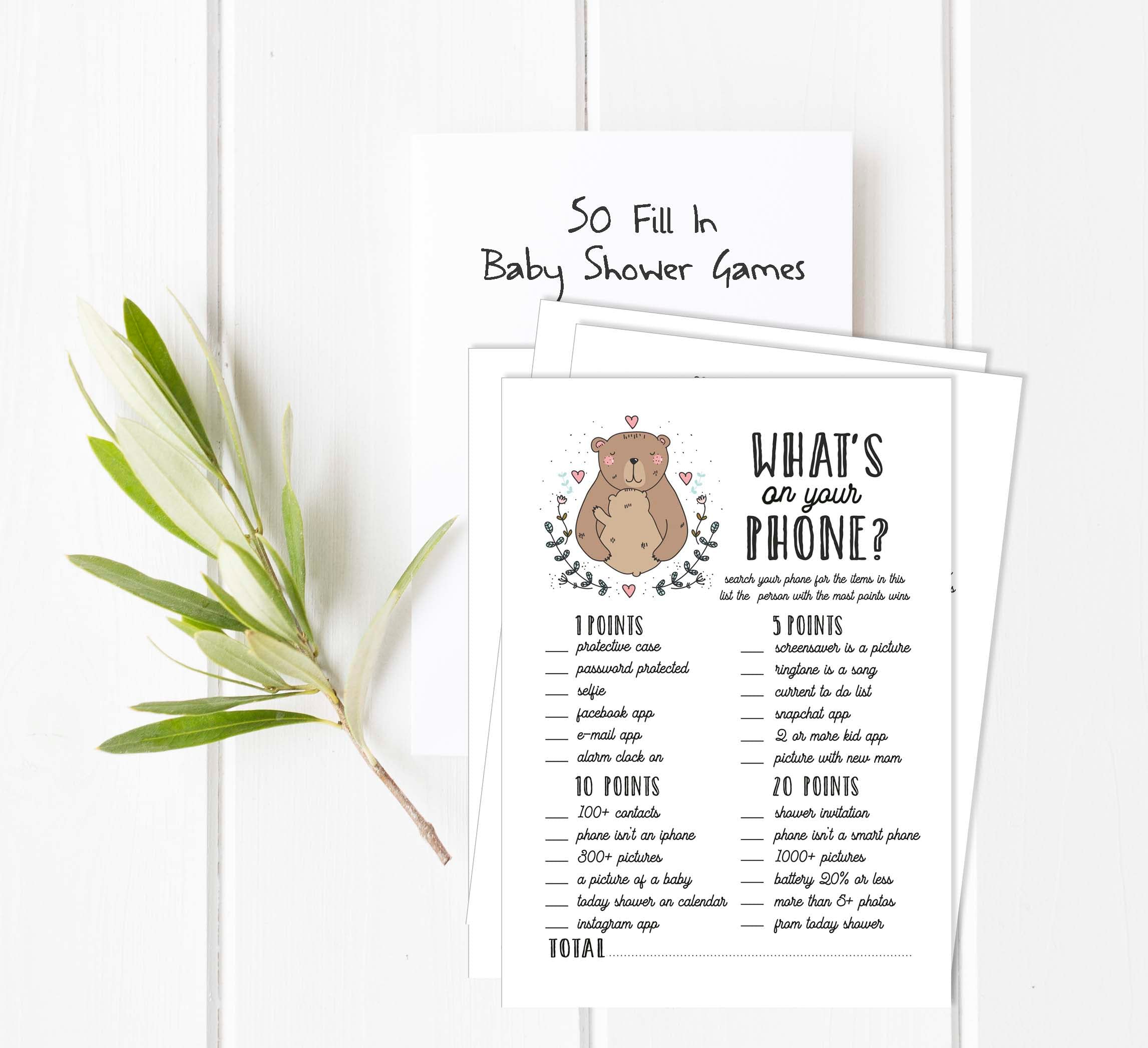 50 Sheets What's in Your Phone Baby Shower Game Cards - Gender Neutral Baby Shower Activity for Coed Parties - Fun Bear Animal Theme Baby Shower Supplies - Perfect for Virtual or In-Person Celebrations
