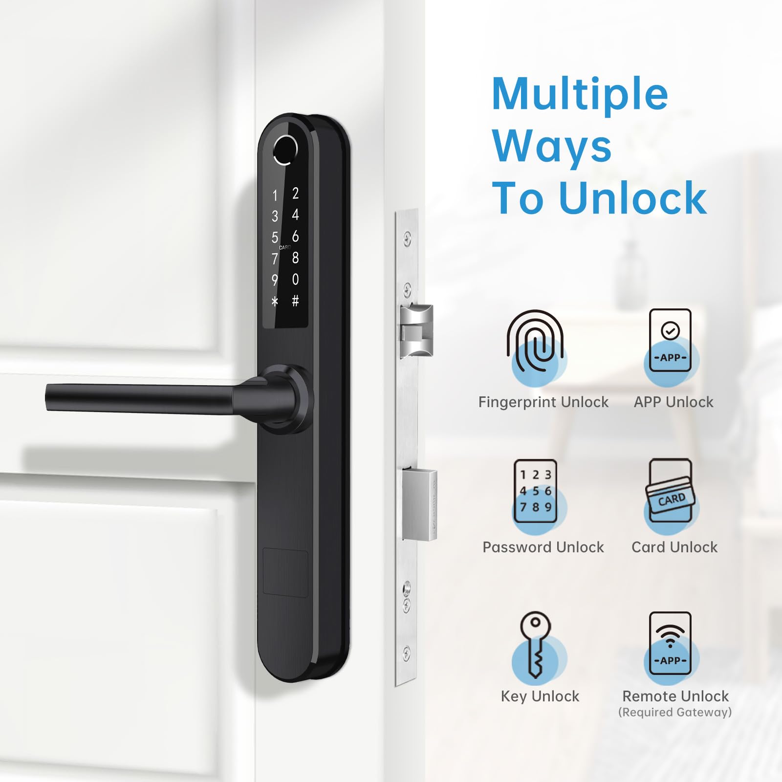 Smart Lock for Front Door - Keyless Entry WiFi Bluetooth Fingerprint Digital Keypad - Stainless Steel Waterproof Mortise Lock with Handle (Black) - Perfect for Home Security & Smart Access Control