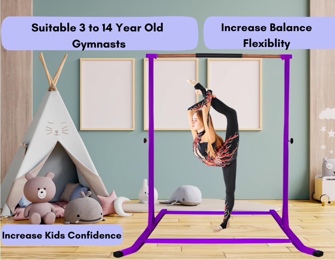GymPros 5 FT Adjustable Gymnastics Bar for Kids - Expandable Kip Bar with 6'x4' Tumbling Mat - Professional Junior Training Equipment (3-5 FT Height) - Perfect for Home Gyms, Backyard Practice & Gymnastics Training - Purple Asymmetric Bar Set