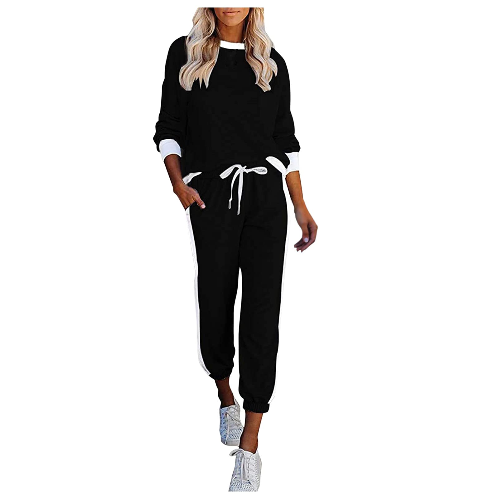Women's 2-Piece Sweatsuit Set - Colorblock Striped Lounge Pants & Crewneck Top | Soft Casual Outfit for Home, Gym & Streetwear Fashion