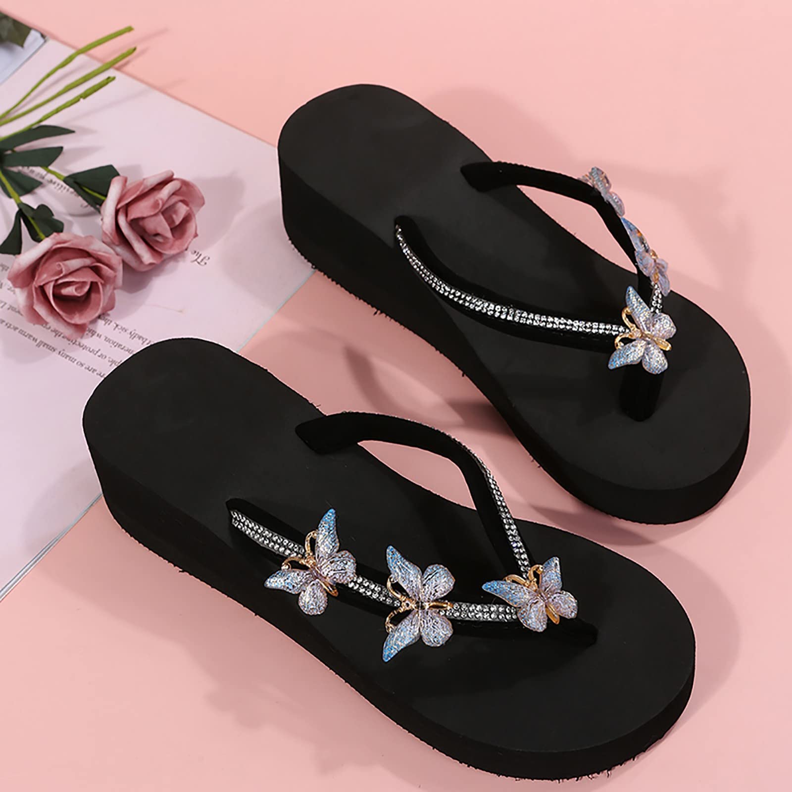 Women's Rhinestone Bling Wedge Sandals - Elegant Platform Flip Flops for Weddings, Parties & Dressy Occasions - Comfortable High Heels for Women - Size 5.5 - Perfect for Beach Weddings, Bridal Showers & Summer Events