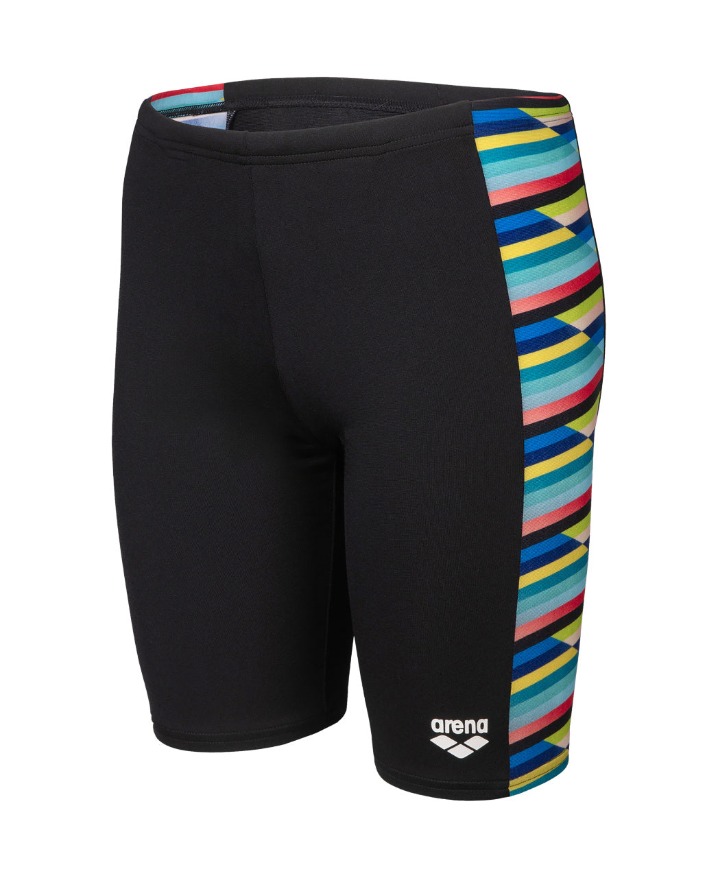 Boys Racing Stripe Swim Jammer - Black & Multicolor Quick-Dry Competitive Swimwear for Kids | Perfect for Swim Team Practice, Beach Vacations & Summer Pool Parties