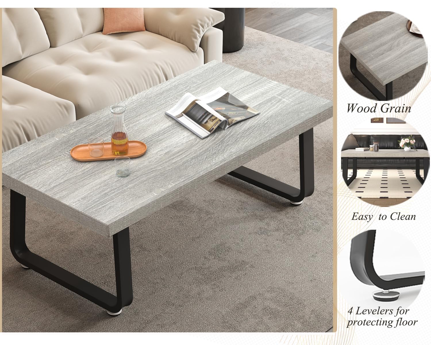 HSH Industrial Coffee Table - Modern Minimalist Wooden Rectangle Living Room Table for Small Spaces - Farmhouse Style Wood & Metal Tea Table - Light Grey Oak Finish - 47 Inch - Perfect for Home, Bedroom, Office & Apartment Decor